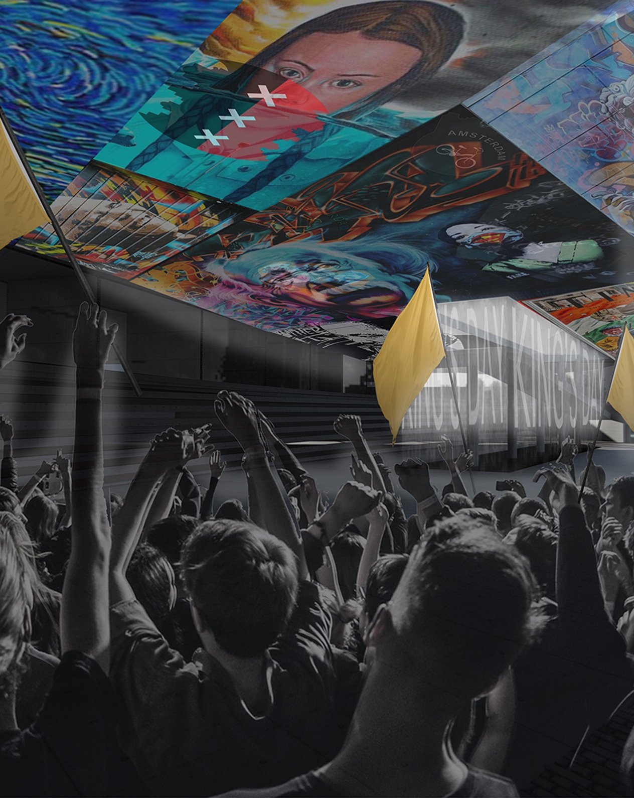 Rendering of a cheering crowd with raised hands and yellow flags beneath the mural ceiling during a night festival. Image: Adam Vadas