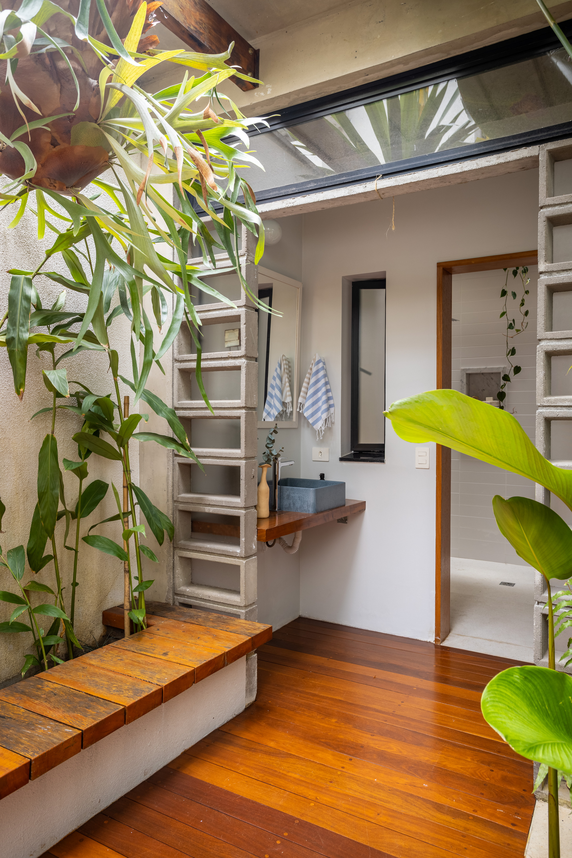Bathroom nook with a timber shelf and blue basin, a planted bench and a staghorn fern in filtered daylight