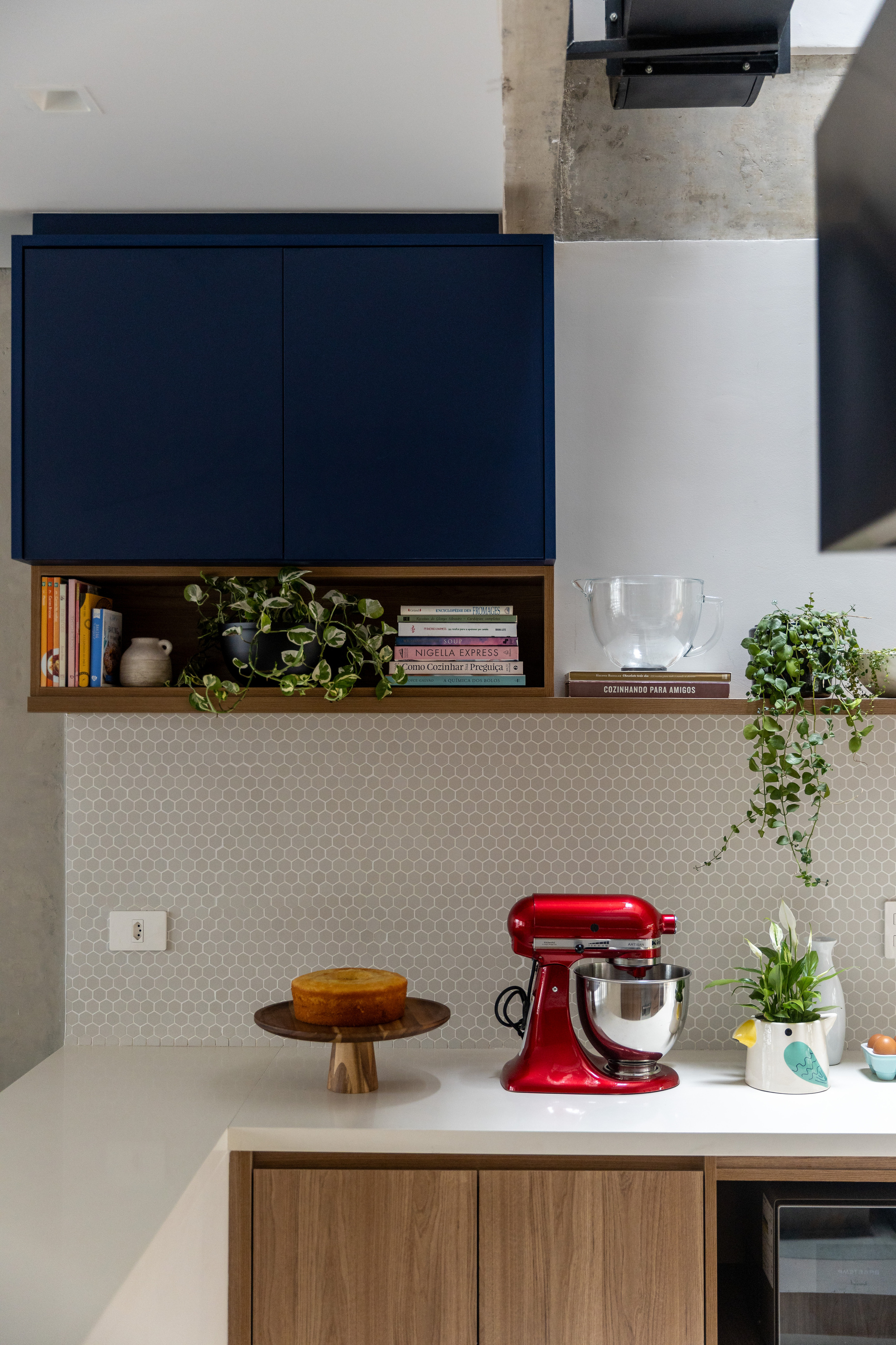 Navy wall cabinets over an open shelf of books and trailing plants, above a hexagonal tile backsplash and a red stand mixer