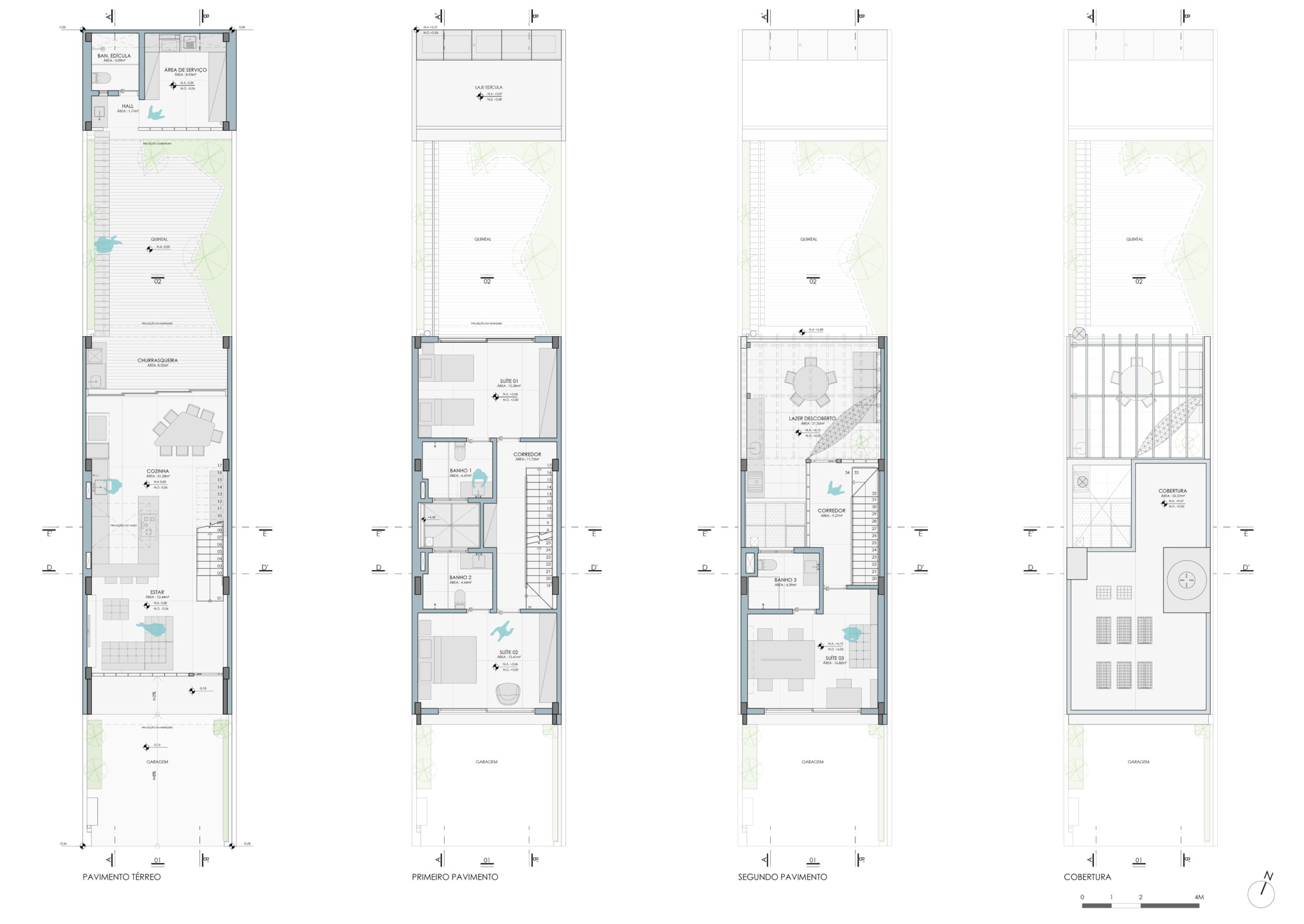 Four floor plan drawings of a long narrow house, from ground floor and upper levels to roof, with a rear garden