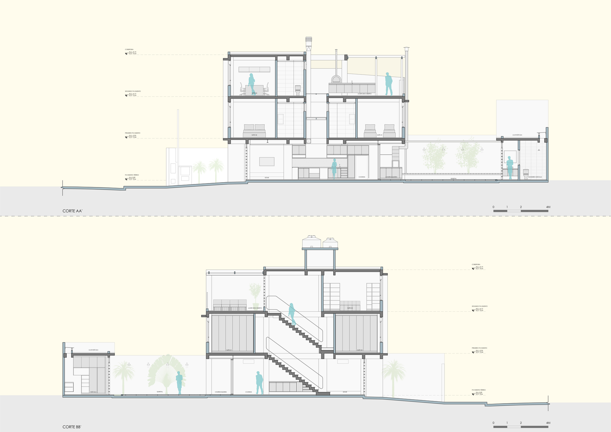 Two longitudinal section drawings of a three-storey narrow house showing a staircase, rooftop water tanks, palms and small human figures
