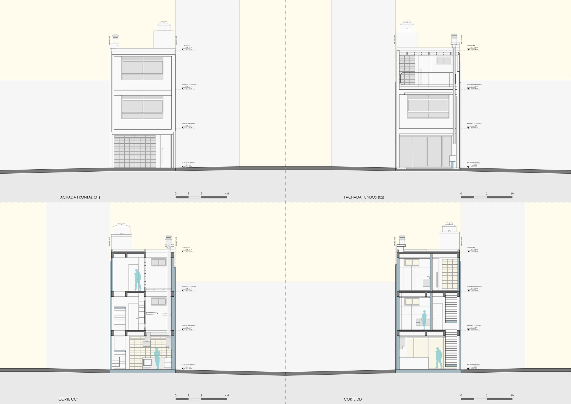 Elevation and section drawings showing the front and rear facades above two cross sections of the stacked narrow house, with figures for scale