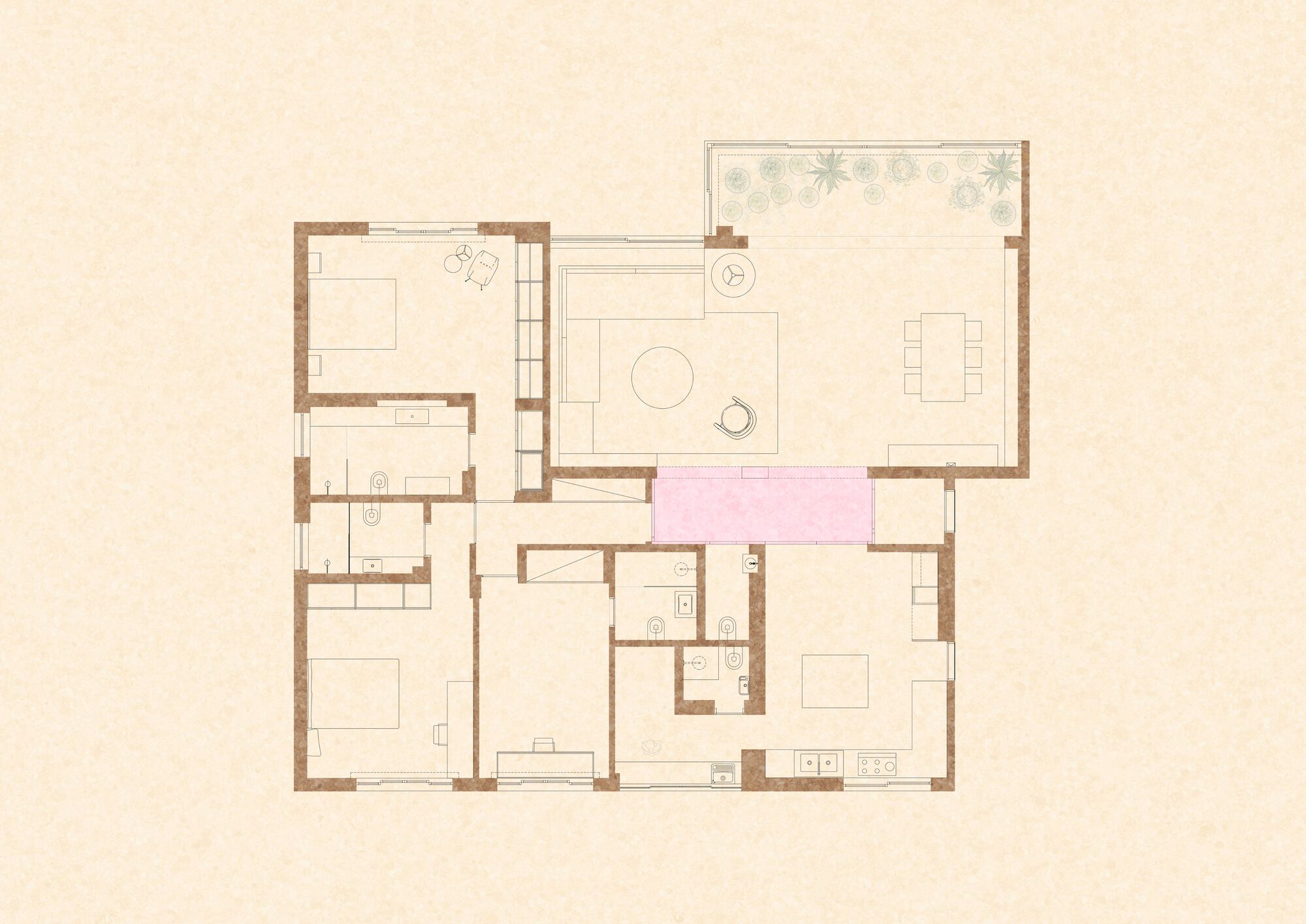 Floor plan drawing showing bedrooms, bathrooms, kitchen and a living terrace around a central circulation space highlighted in pink