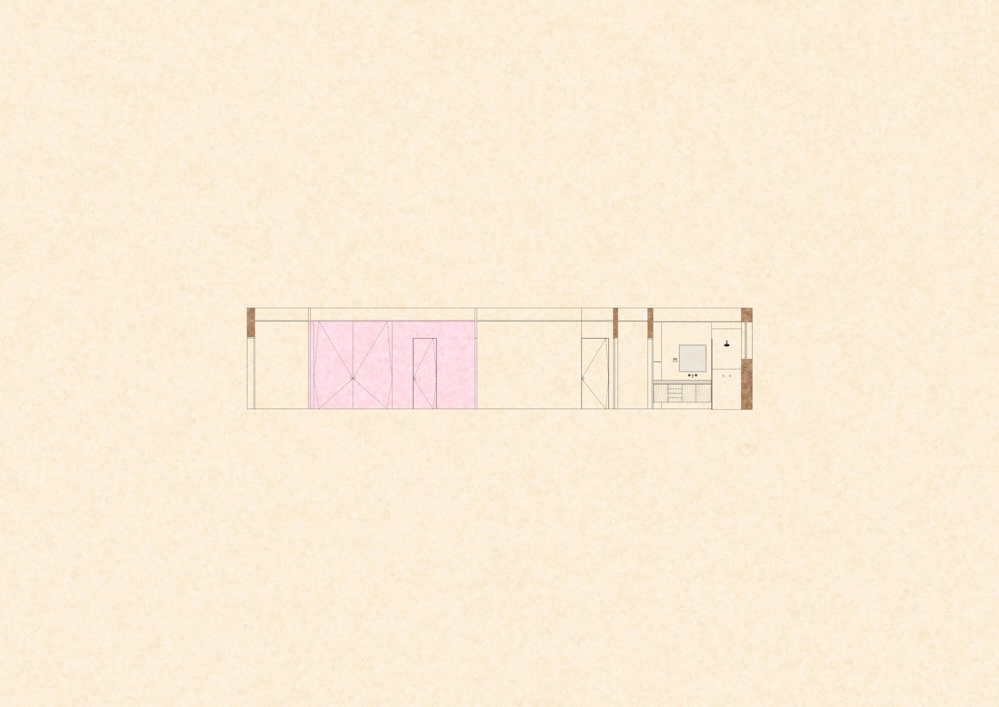 Section drawing of a narrow strip of rooms, with a pink-highlighted wall of doors and a bathroom vanity at right