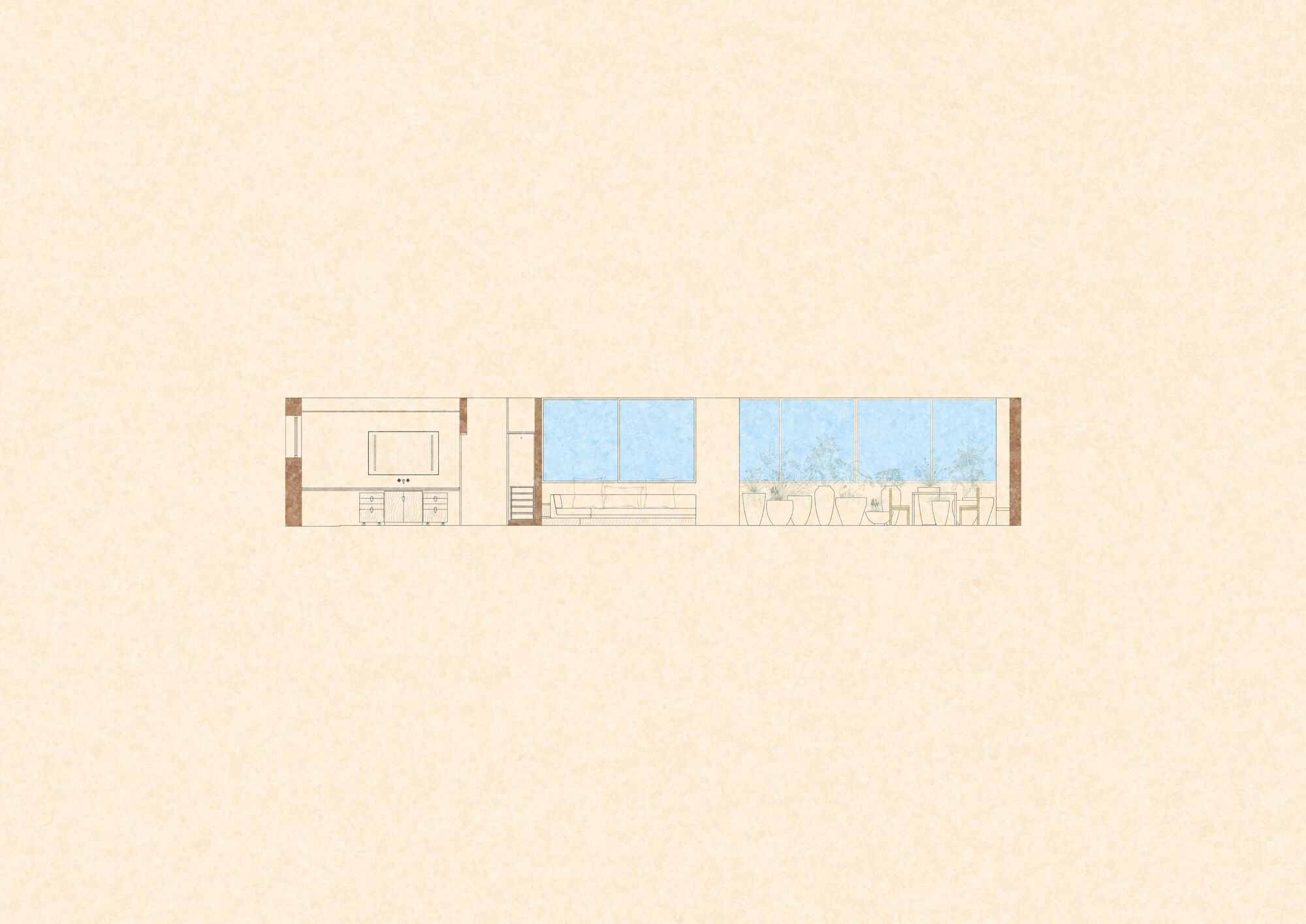 Interior elevation drawing showing a media wall with cabinets, a sofa below blue windows and a dining area facing planted glazing