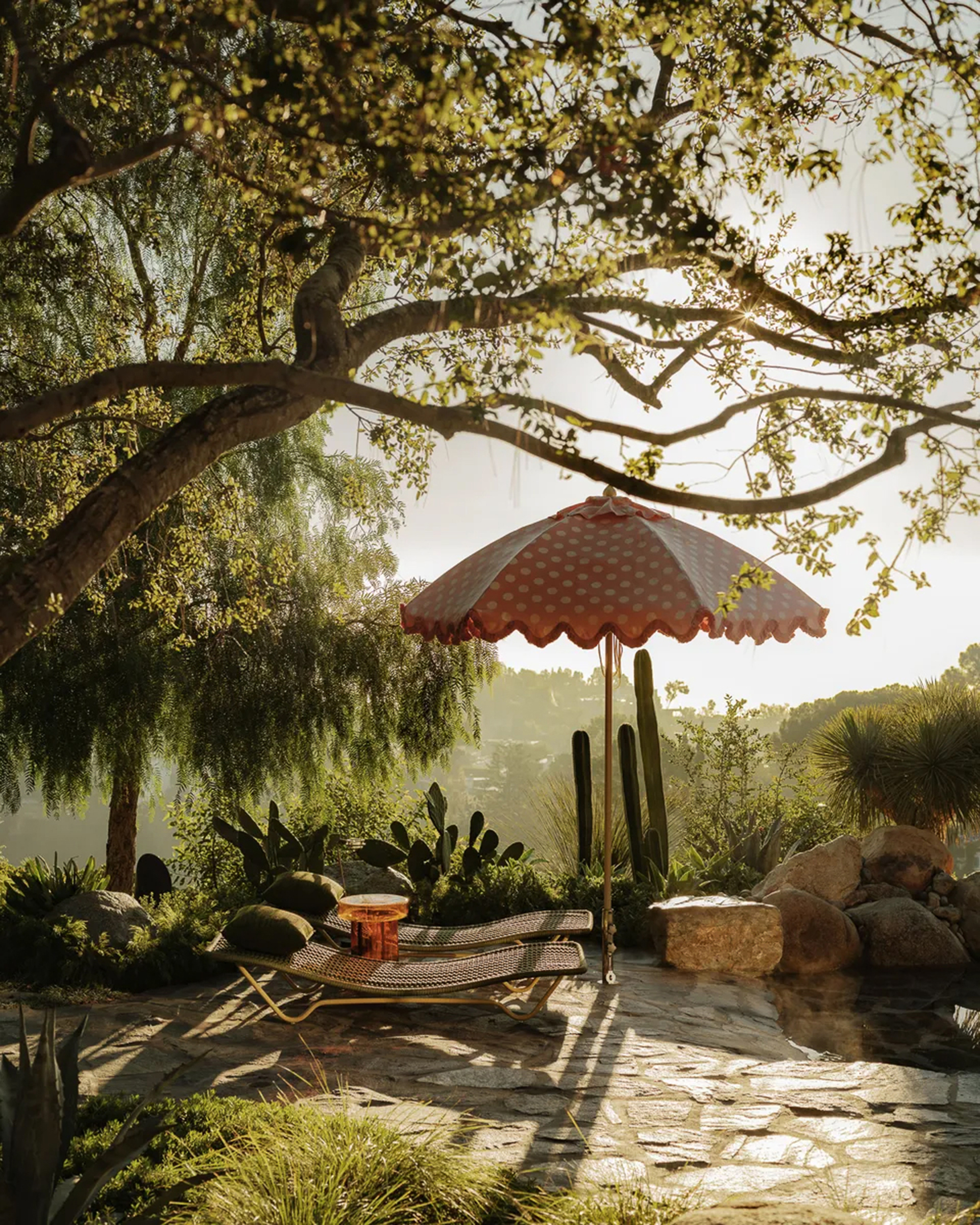 Polka-dot scalloped umbrella and two lounge chairs on a flagstone terrace beneath an old tree in low backlit sun