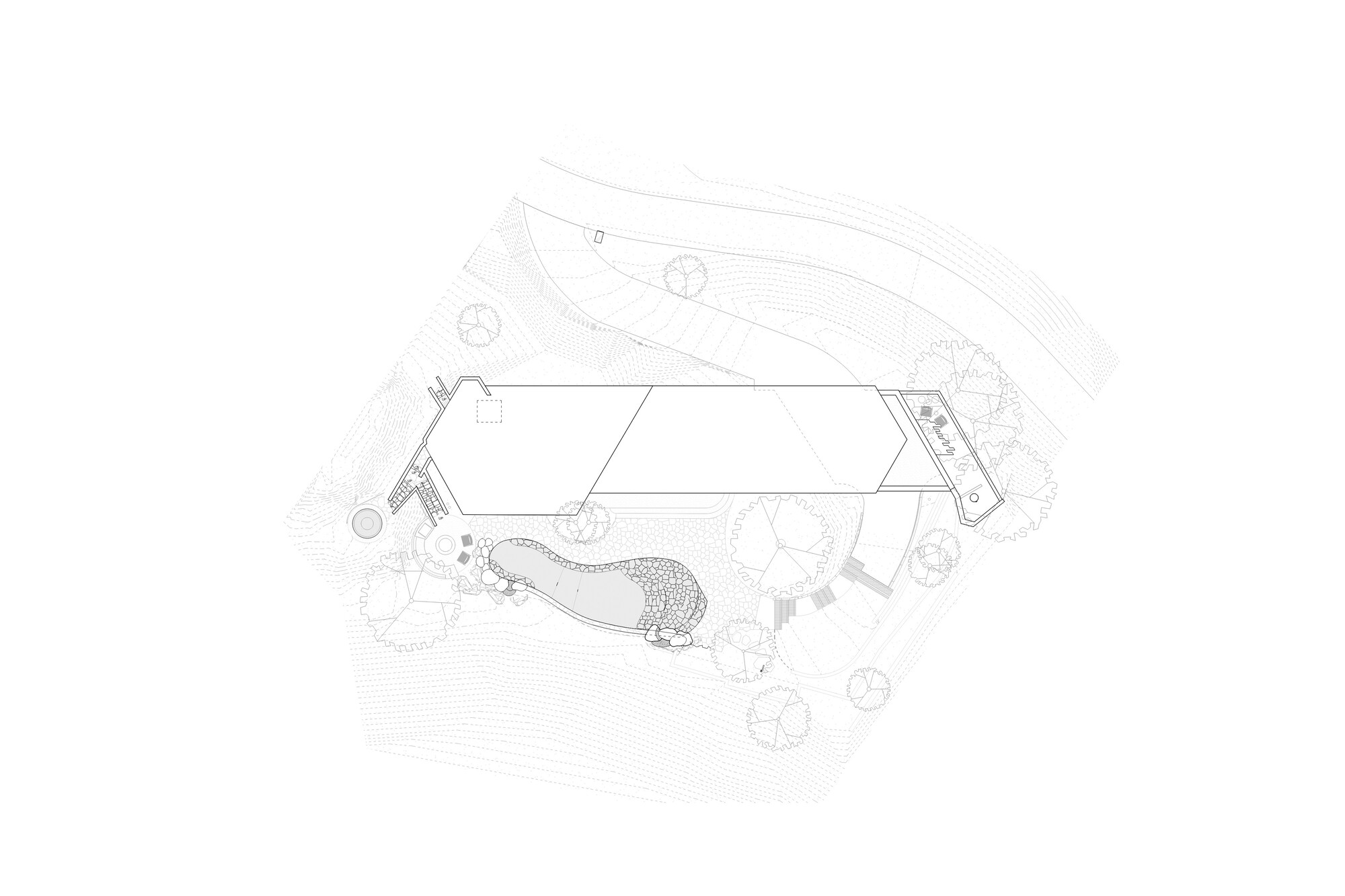 Site plan drawing showing a long angular roof outline beside a curving pool, surrounded by scattered trees and contour lines