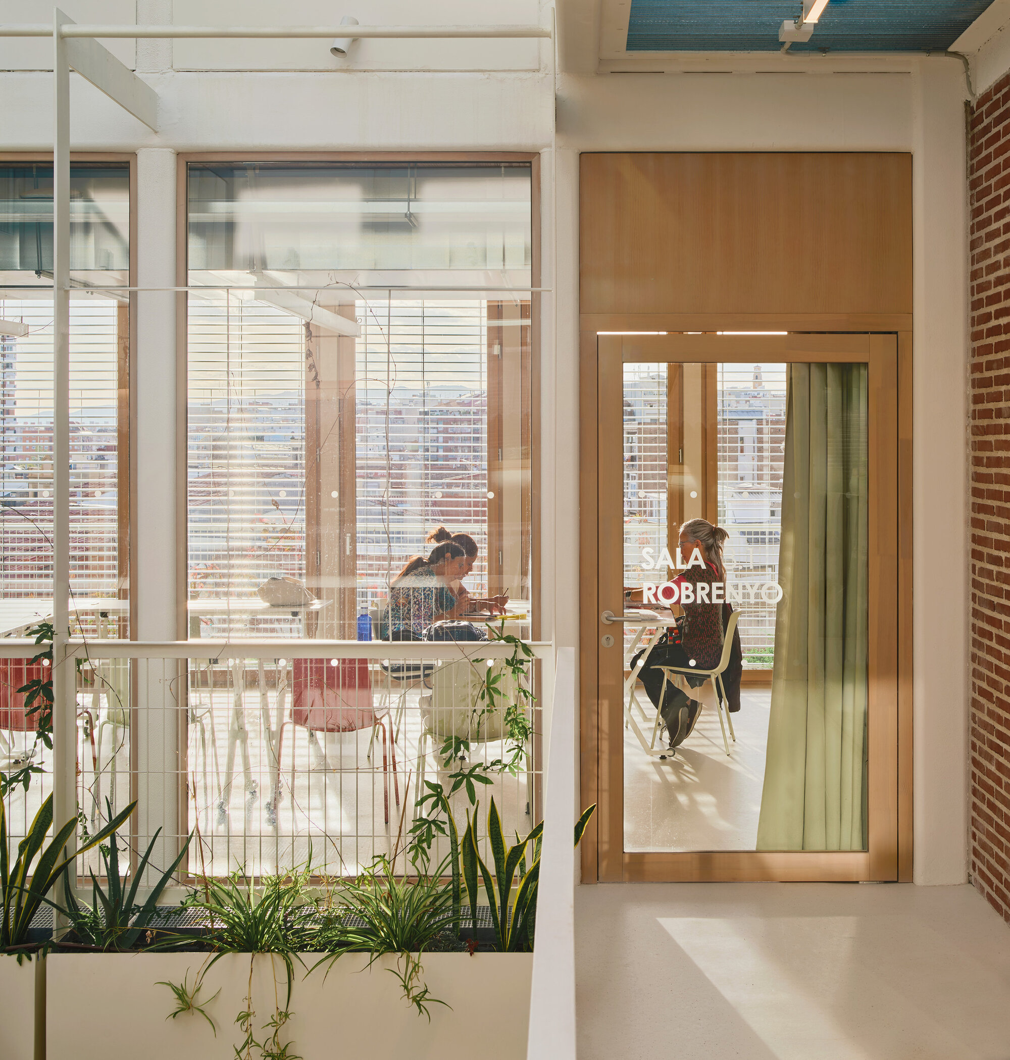 Corridor with a planter and timber-framed glass door where people sit at tables in a meeting room, brick wall at right