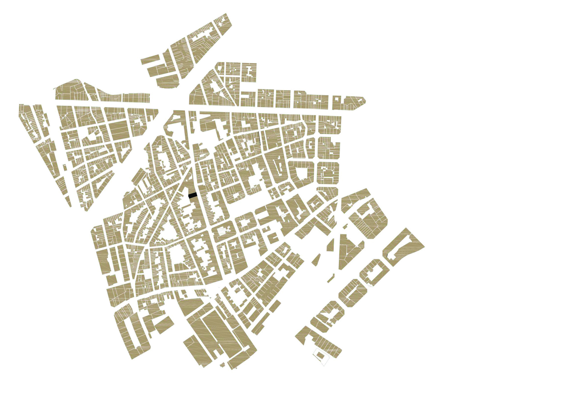 Figure-ground site plan drawing of a dense city district with one small plot marked in black