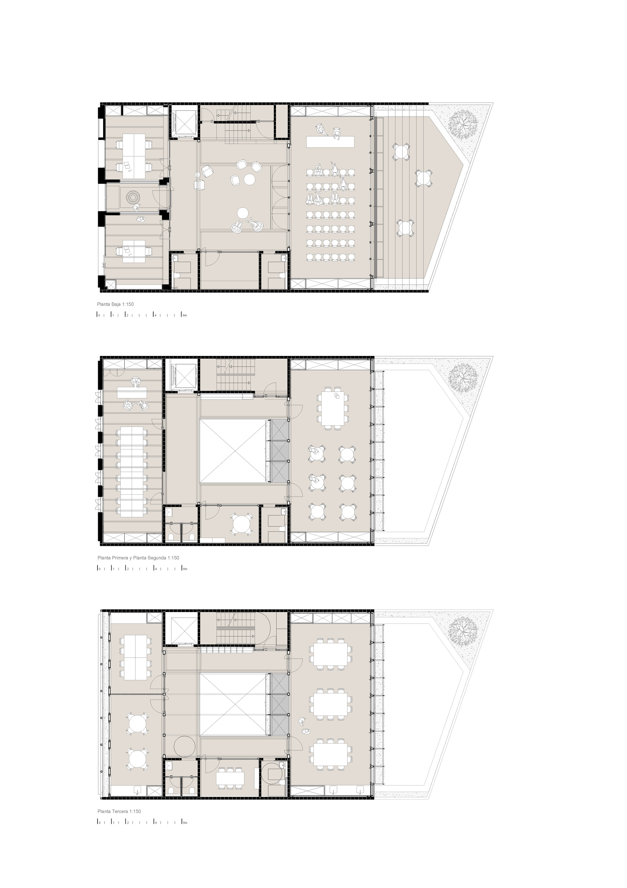 Three floor plan drawings showing offices, meeting rooms and a central void around a stair and a terrace