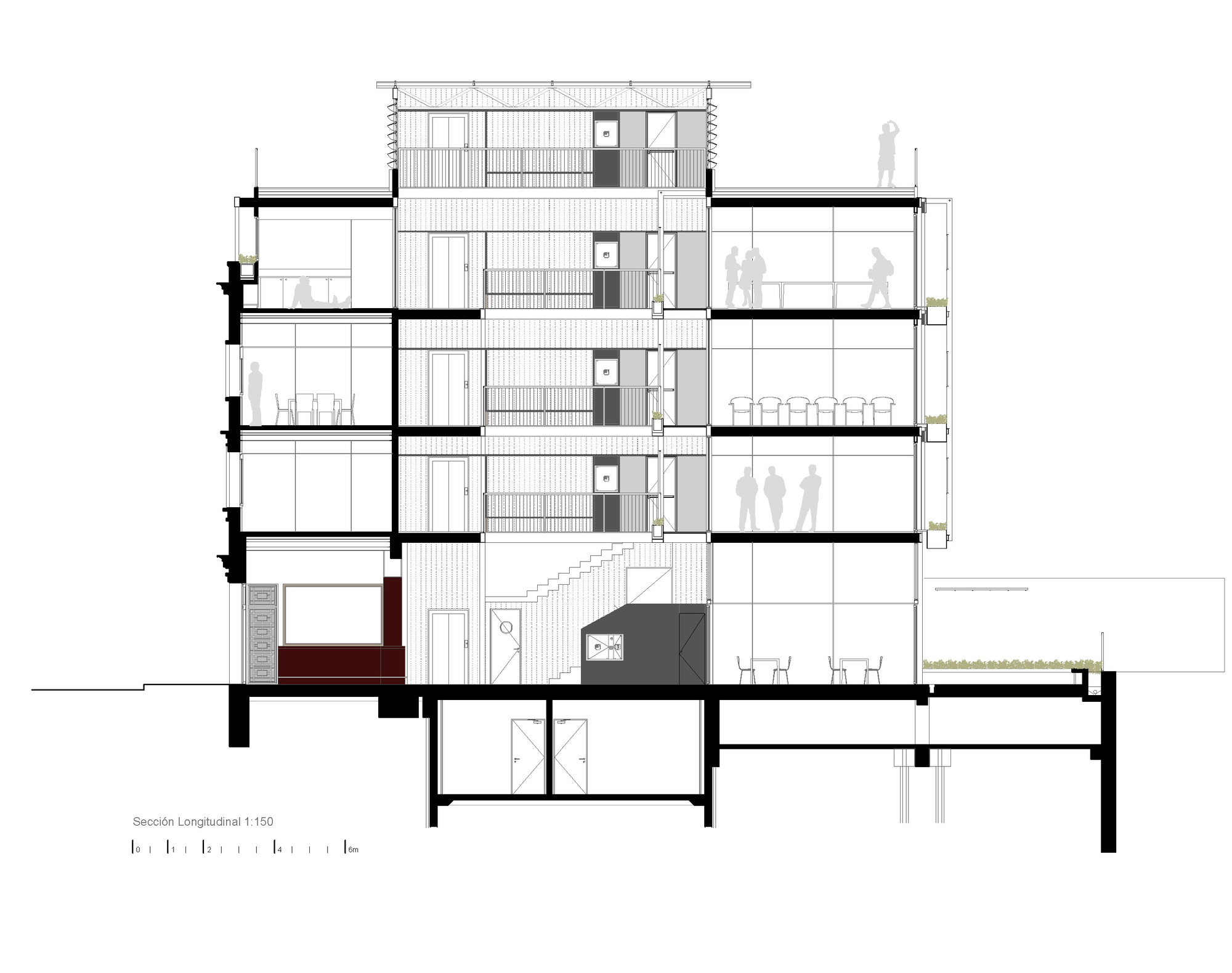Longitudinal section drawing of a multi-storey building with a central stair core, people in the rooms and a rooftop figure