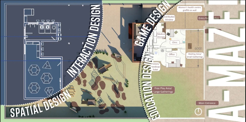 Collage of overlapping drawings showing a toilet block floor plan, a playground site plan and a clinic layout, with design labels. Image: ANTRA LODHA