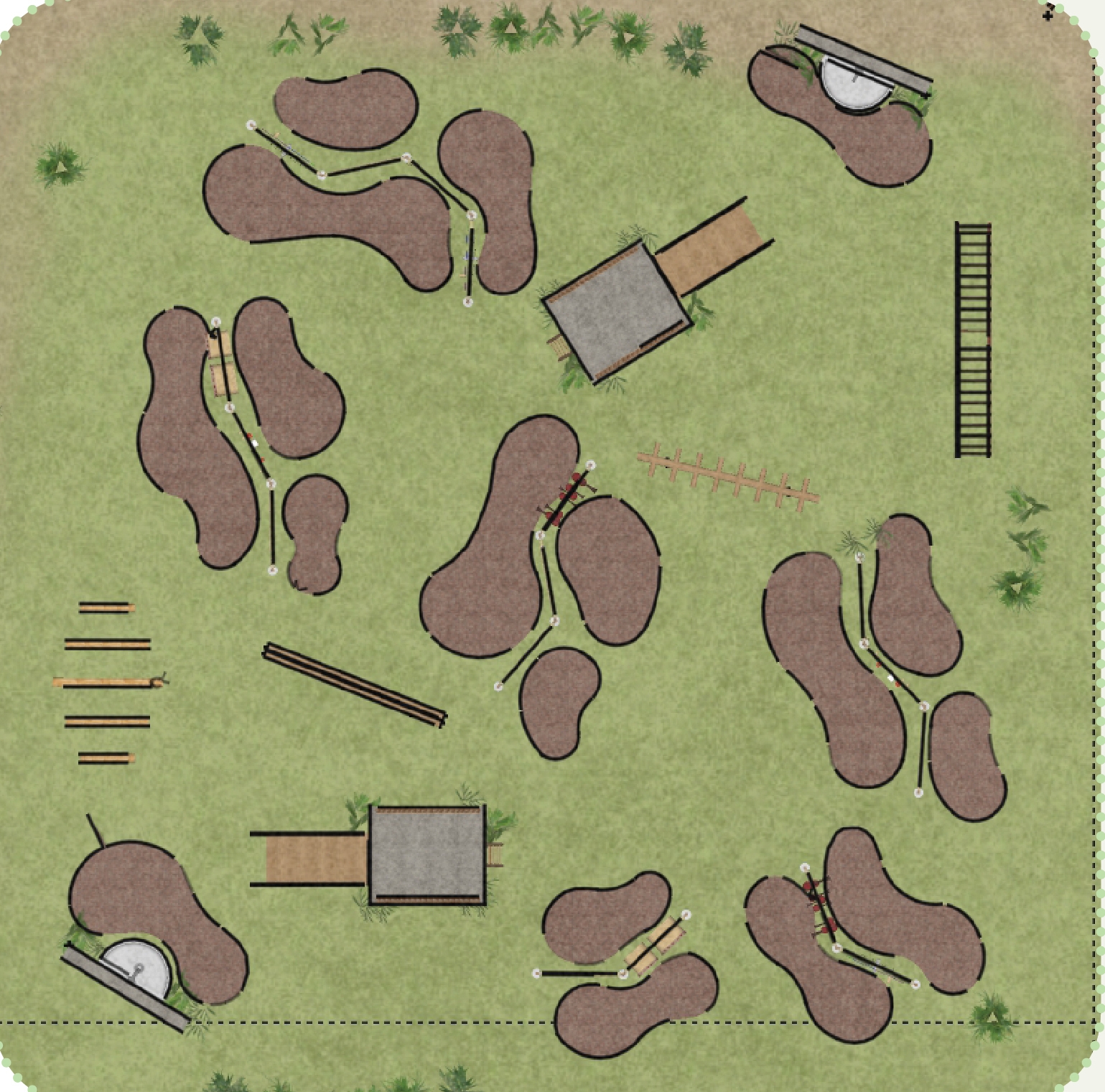 Top-down site plan drawing of brown kidney-shaped mulch beds, two tunnel structures, monkey bars and hurdles scattered across a green lawn. Image: ANTRA LODHA
