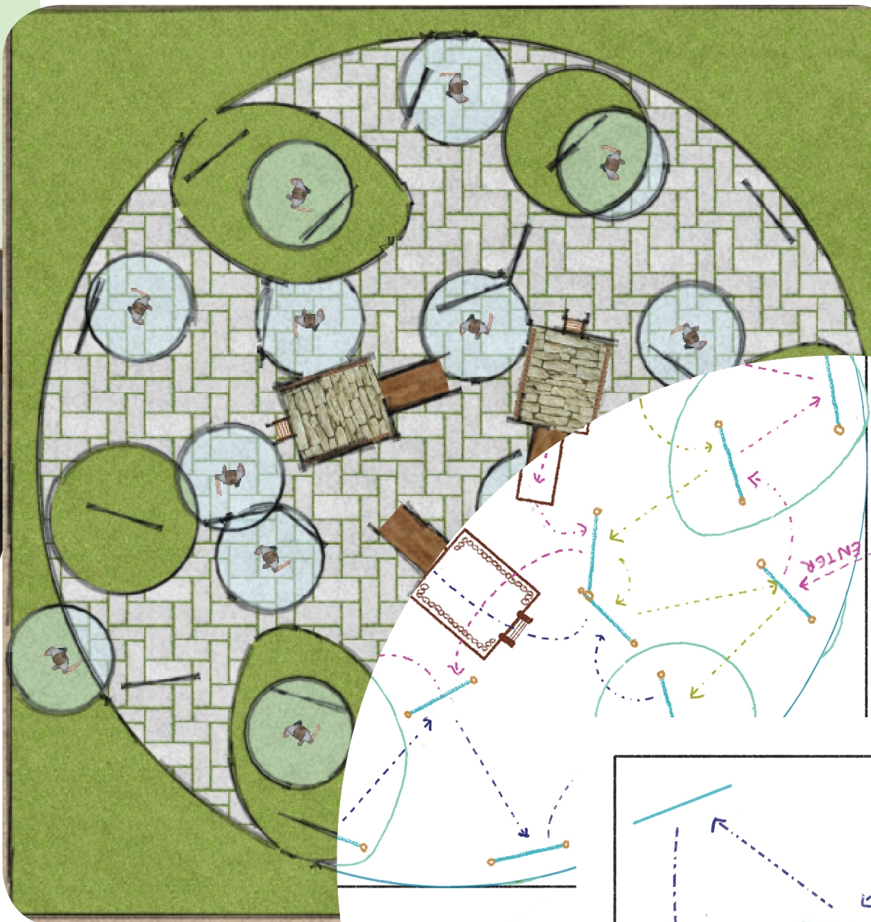 Plan drawing of a circular paved plaza with green lawn mounds, figures in blue circles and a path diagram overlay in one corner. Image: ANTRA LODHA