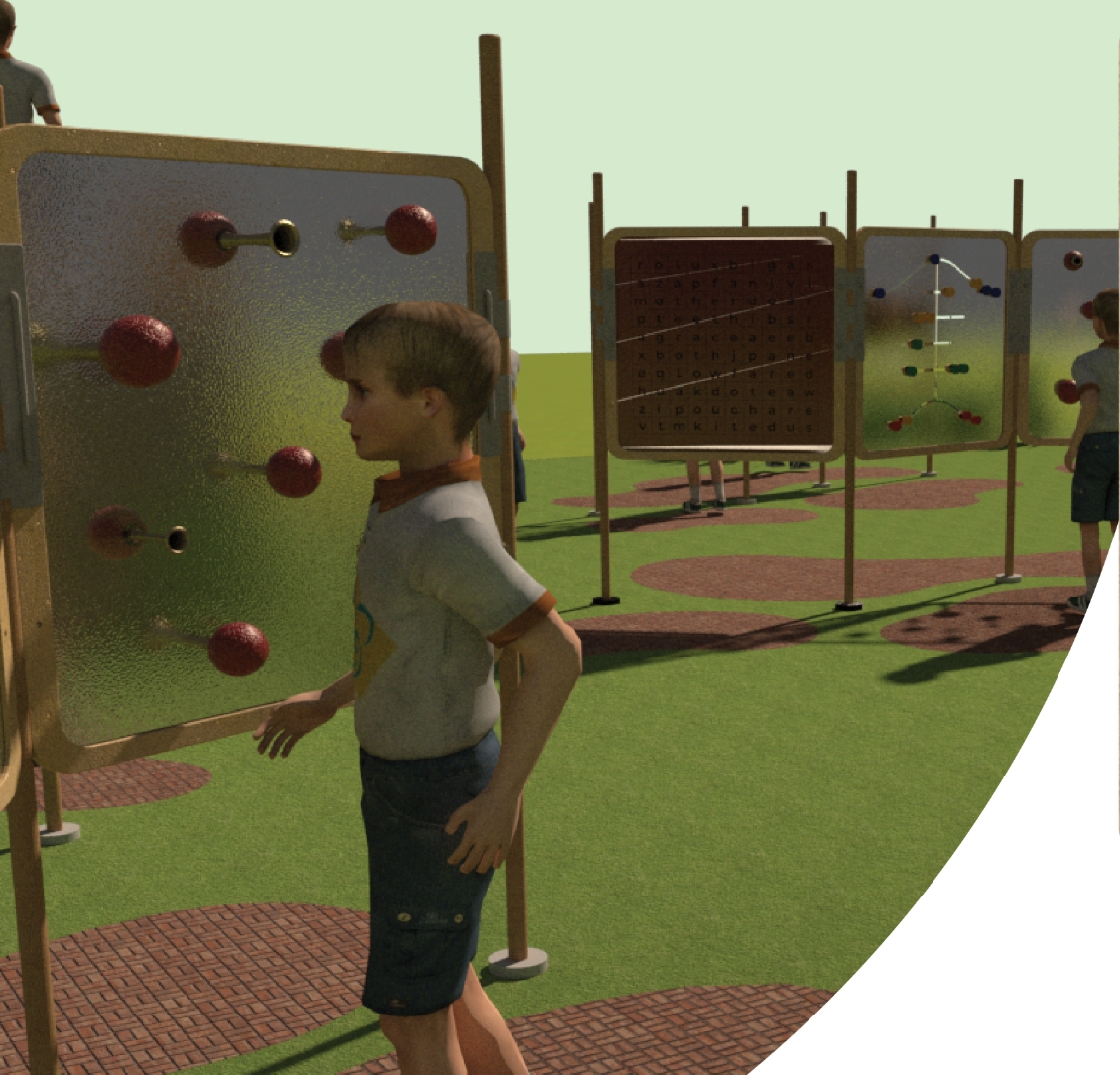 Rendered view of a boy beside a panel with red knobs, with rows of puzzle boards standing on a lawn. Image: ANTRA LODHA