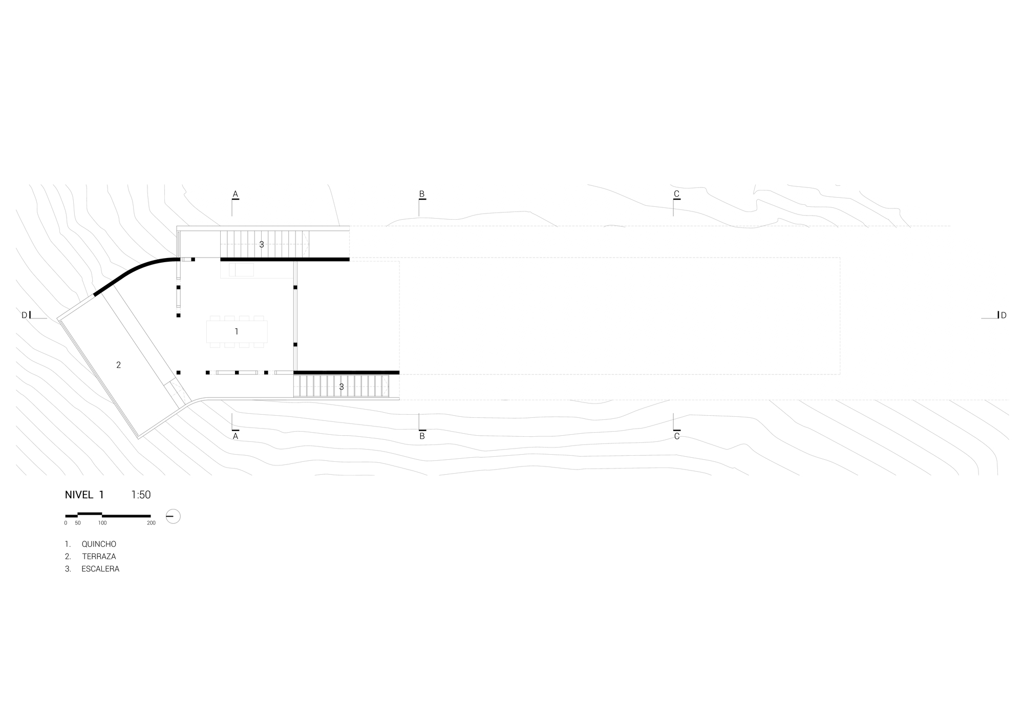 Floor plan drawing of the lower level showing a covered dining area, an angled terrace and two stairs on sloping contours