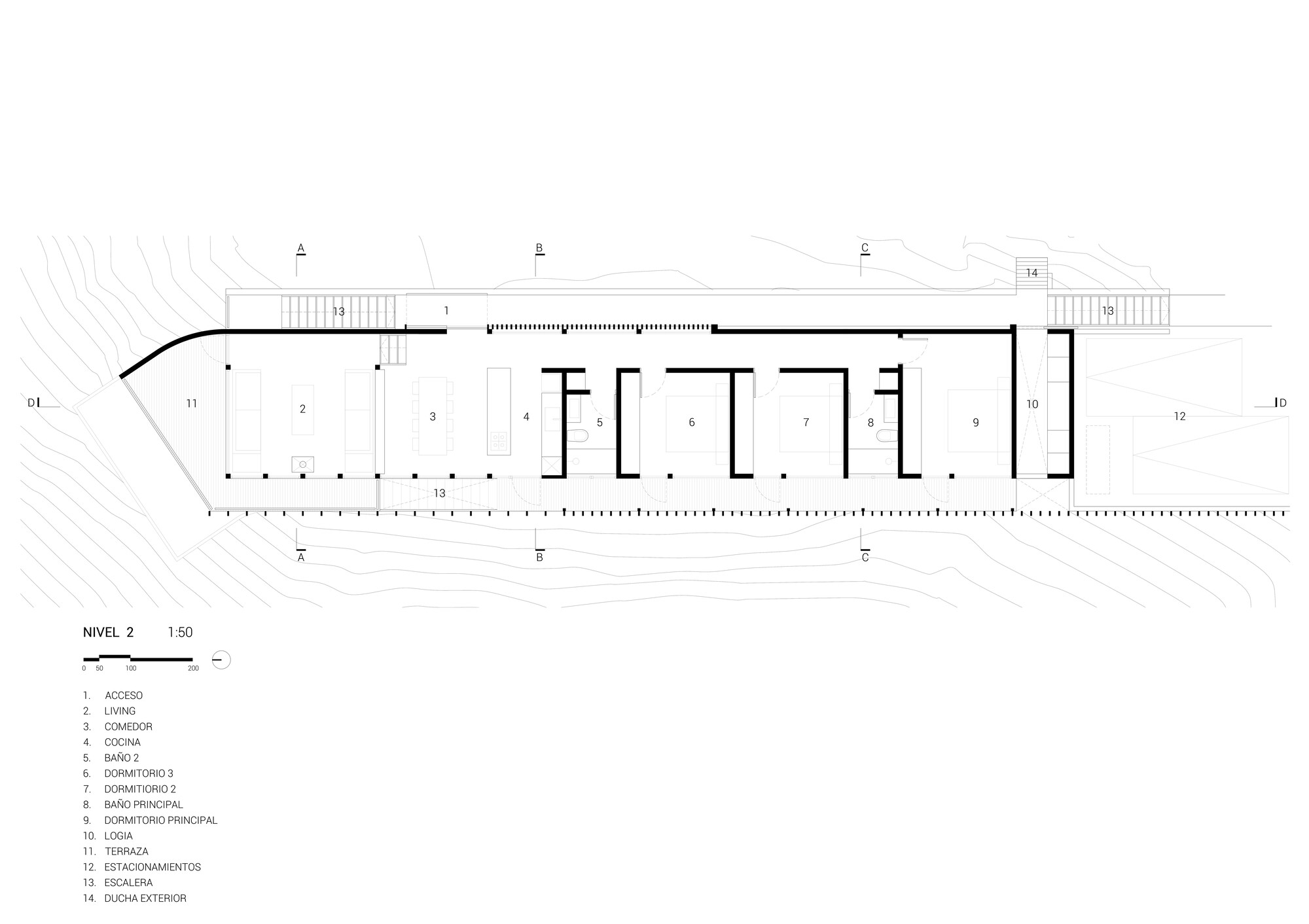 Floor plan drawing of the upper level with living, kitchen and bedrooms in a long bar, plus loggia and parking at the end