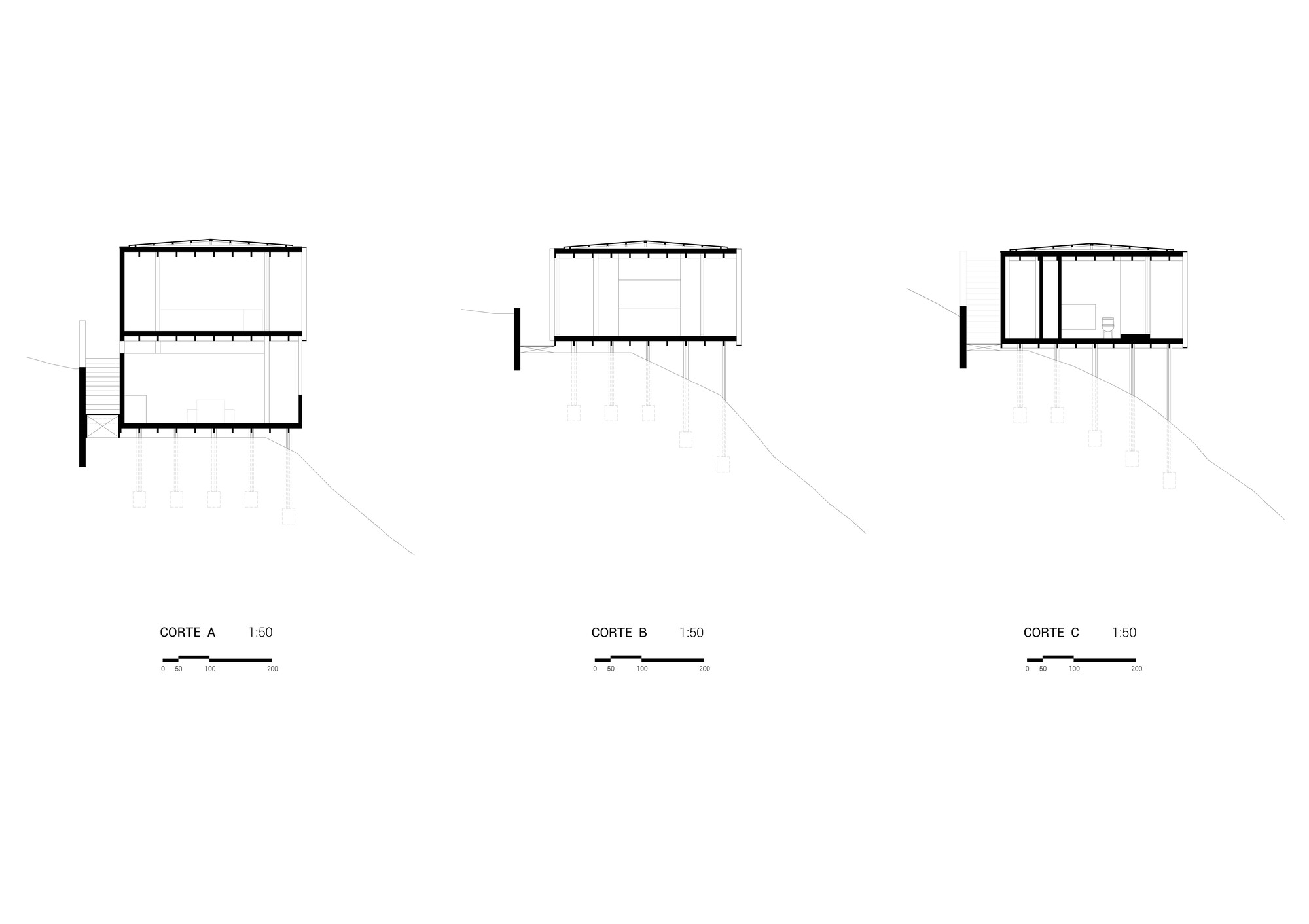 Three section drawings of the house cut across its width, showing floors raised on stilt foundations over a falling slope