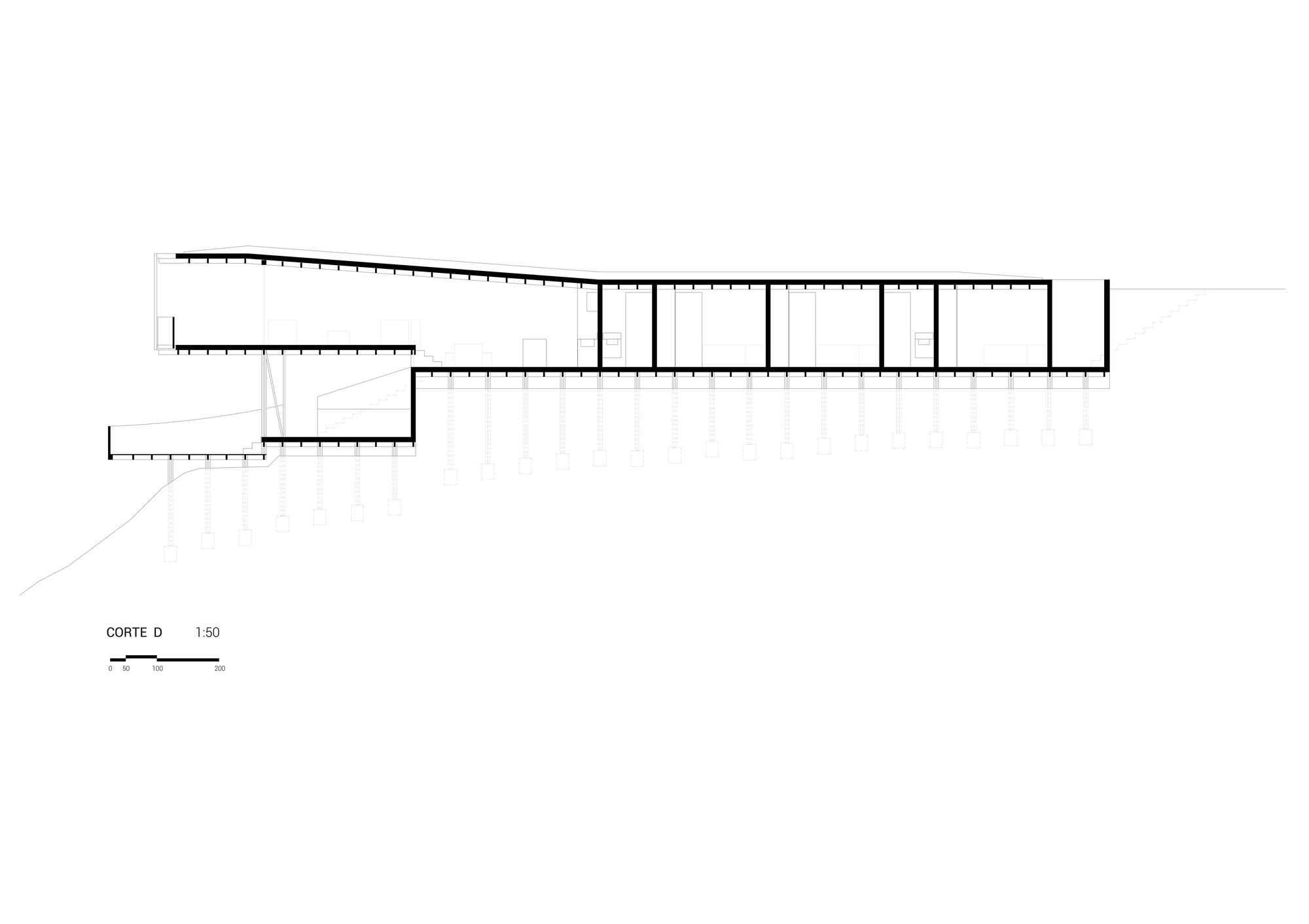 Long section drawing along the house showing stepped floor levels, a sloping roof and a row of footings descending the hillside