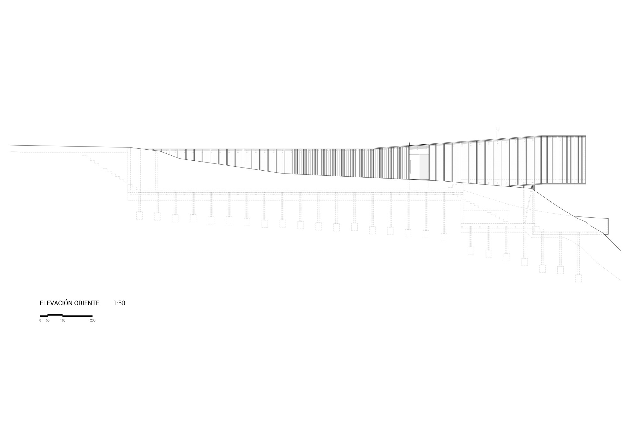 East elevation drawing of a long, tapering volume with vertical slats, raised on a row of pier foundations along a sloping hillside