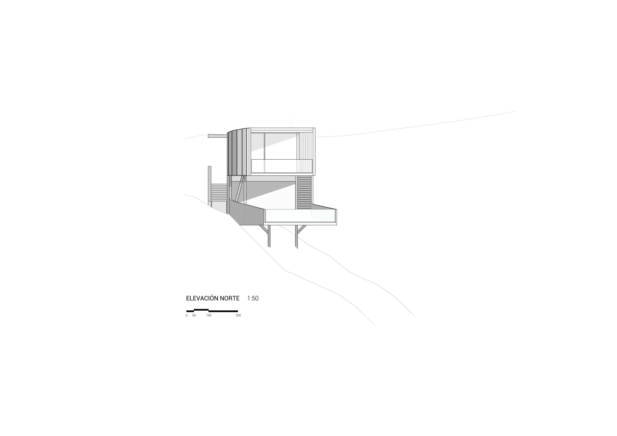 North elevation drawing of a compact glazed volume above a cantilevered deck on two slender steel legs, set into a steep slope