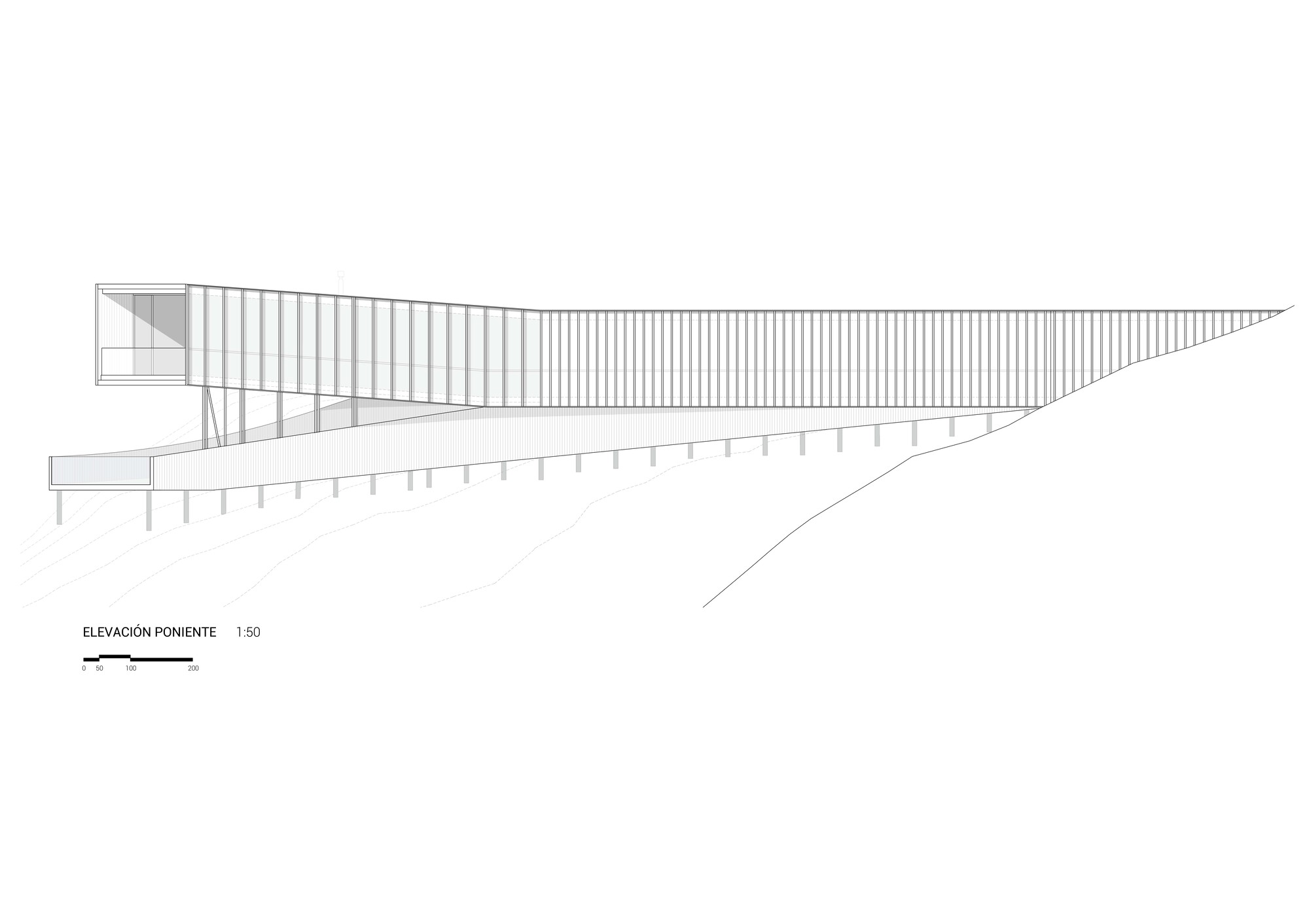 West elevation drawing of a long slatted volume cantilevering past its supporting columns, with a pool-like terrace at the left end
