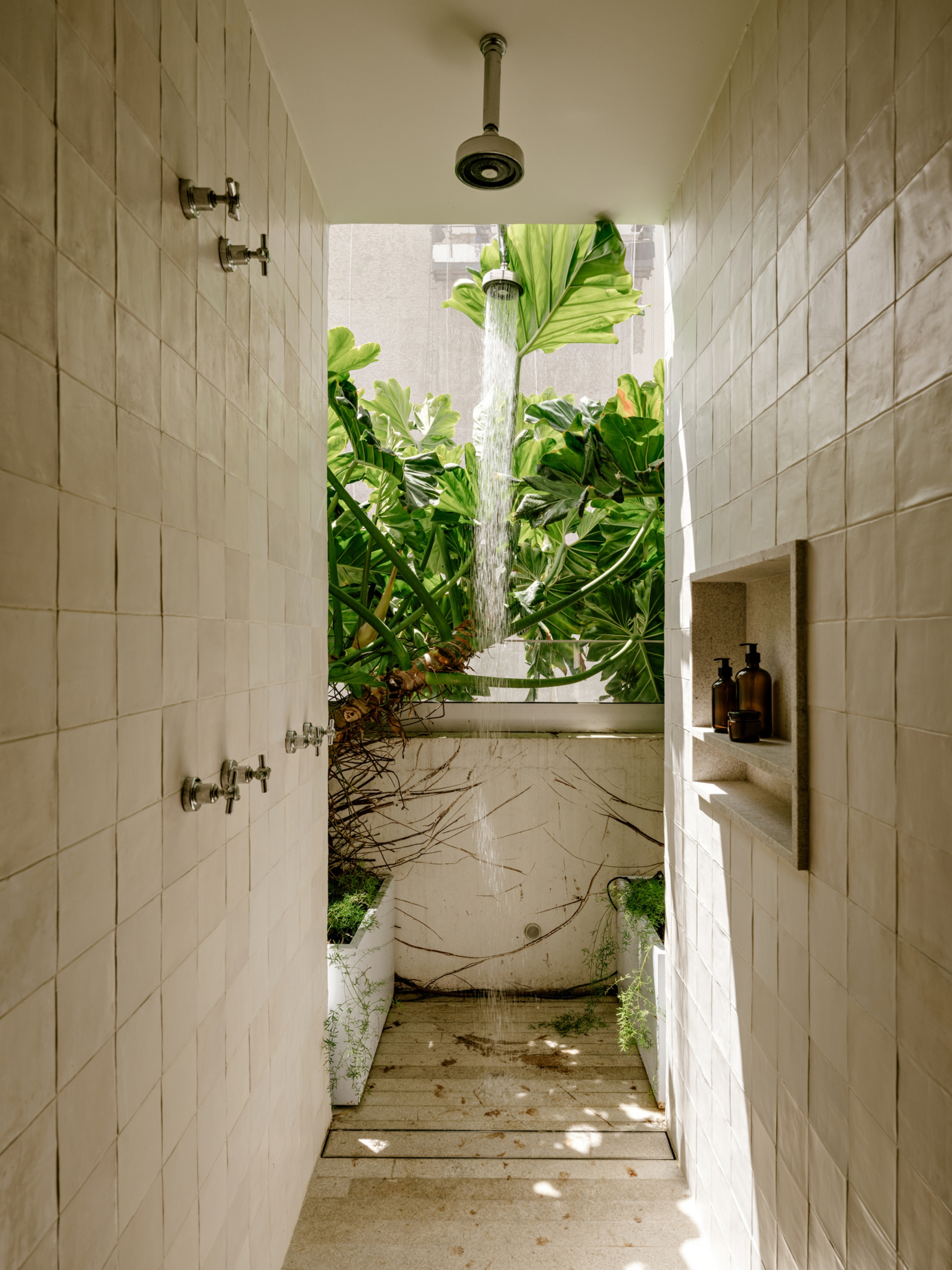 Open-air shower between tiled walls with a ceiling rain head, a niche of amber bottles and lush foliage with dappled sun