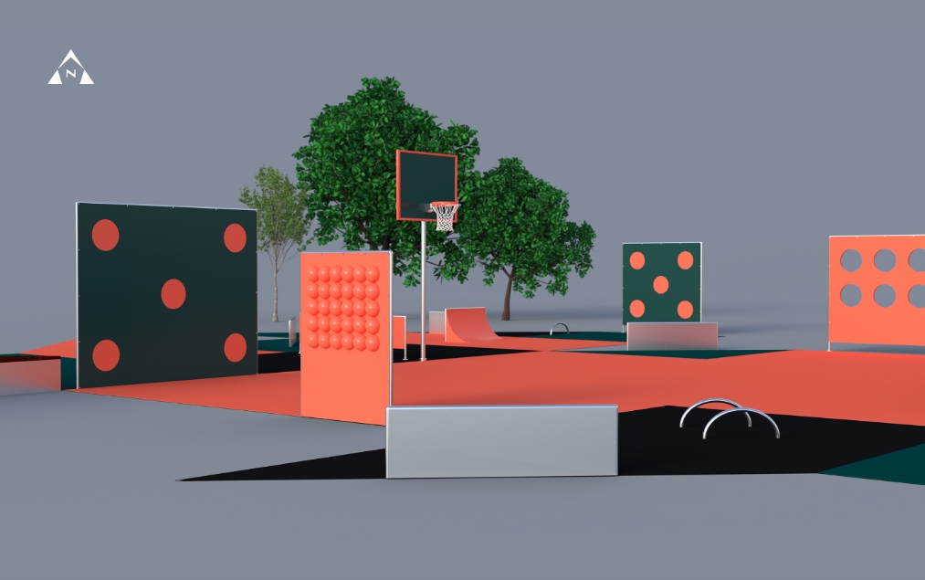 Rendered play court with a dotted dark panel, orange bubble-textured wall and basketball hoop standing among trees on coral ground. Image: Chris Moore