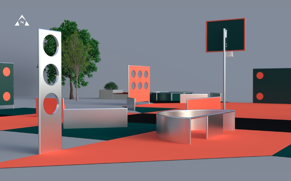 Rendered view of a tall silver panel with circular cutouts beside a curved metal bench on coral and dark green paving. Image: Chris Moore