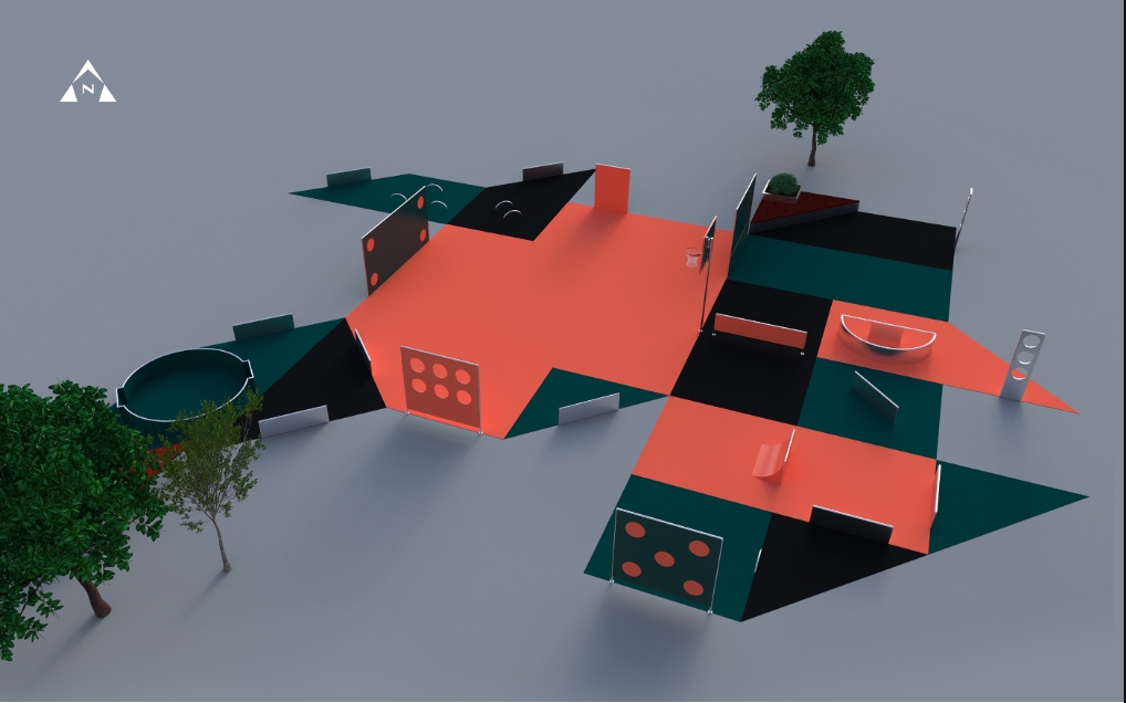 Aerial rendering of the angular coral, black and green court surfaces with scattered wall panels and trees at the edges. Image: Chris Moore