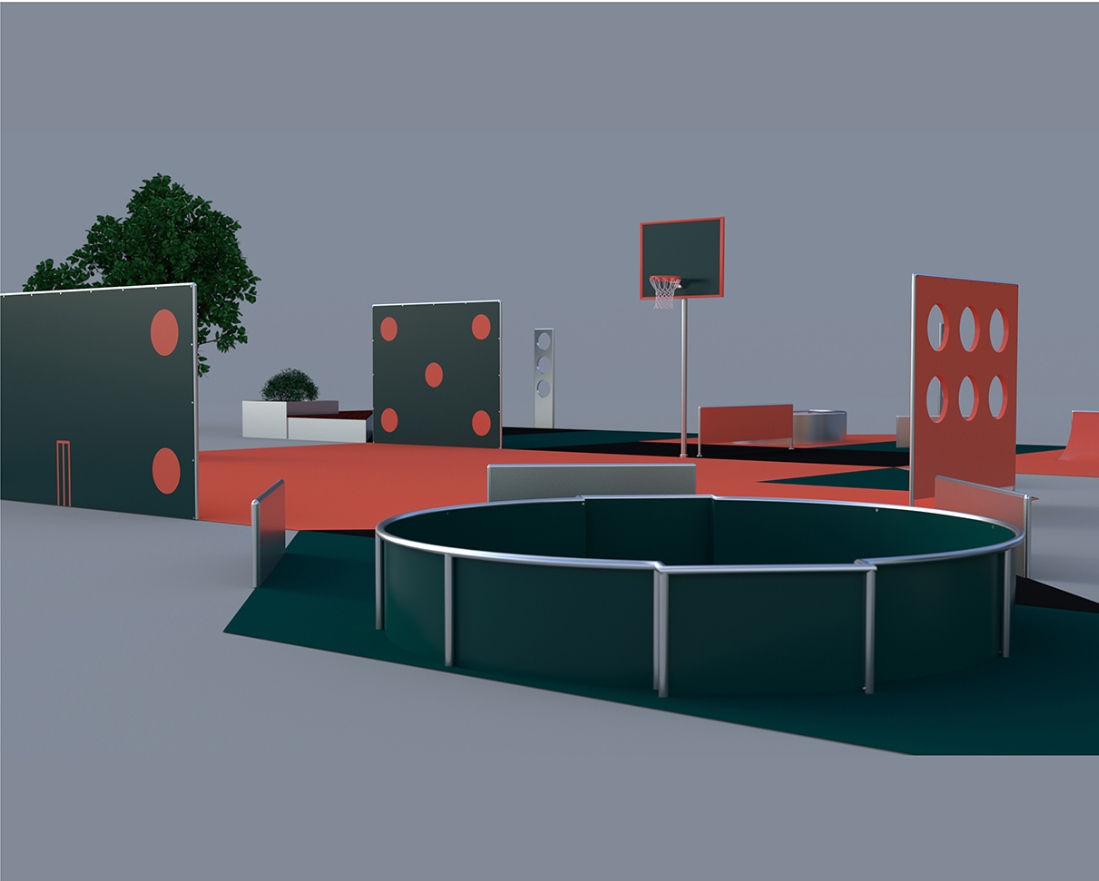 Rendered circular dark green enclosure in the foreground with a hoop, dotted panels and a perforated orange wall behind. Image: Chris Moore