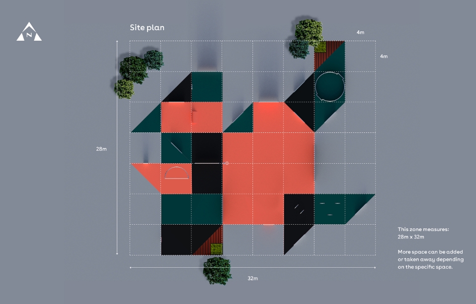 Site plan drawing of the court as a grid of coral, black and green triangles, labeled 28m by 32m. Image: Chris Moore