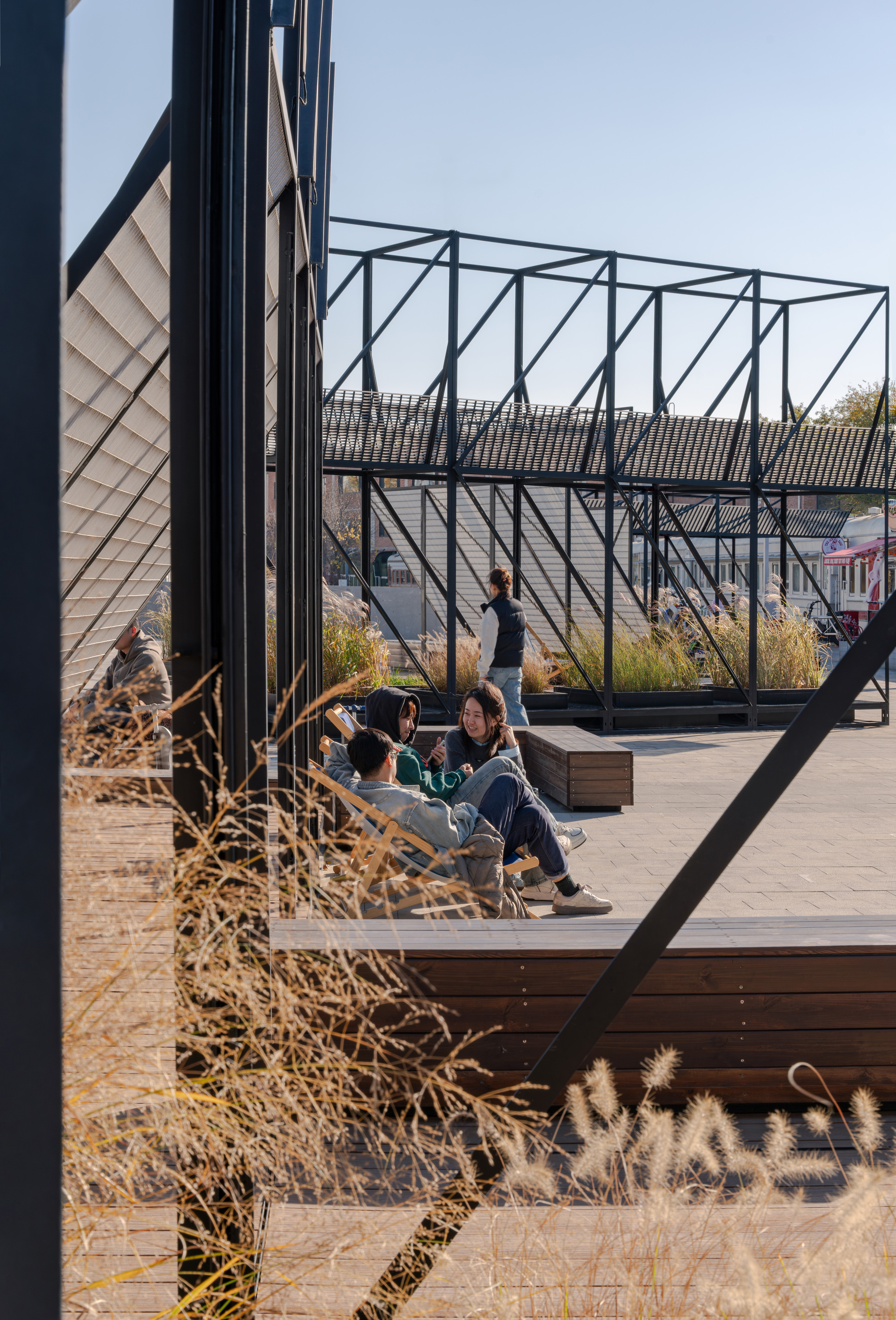 Group of people sitting on timber benches inside the steel frames, with ornamental grasses in the foreground under clear autumn light