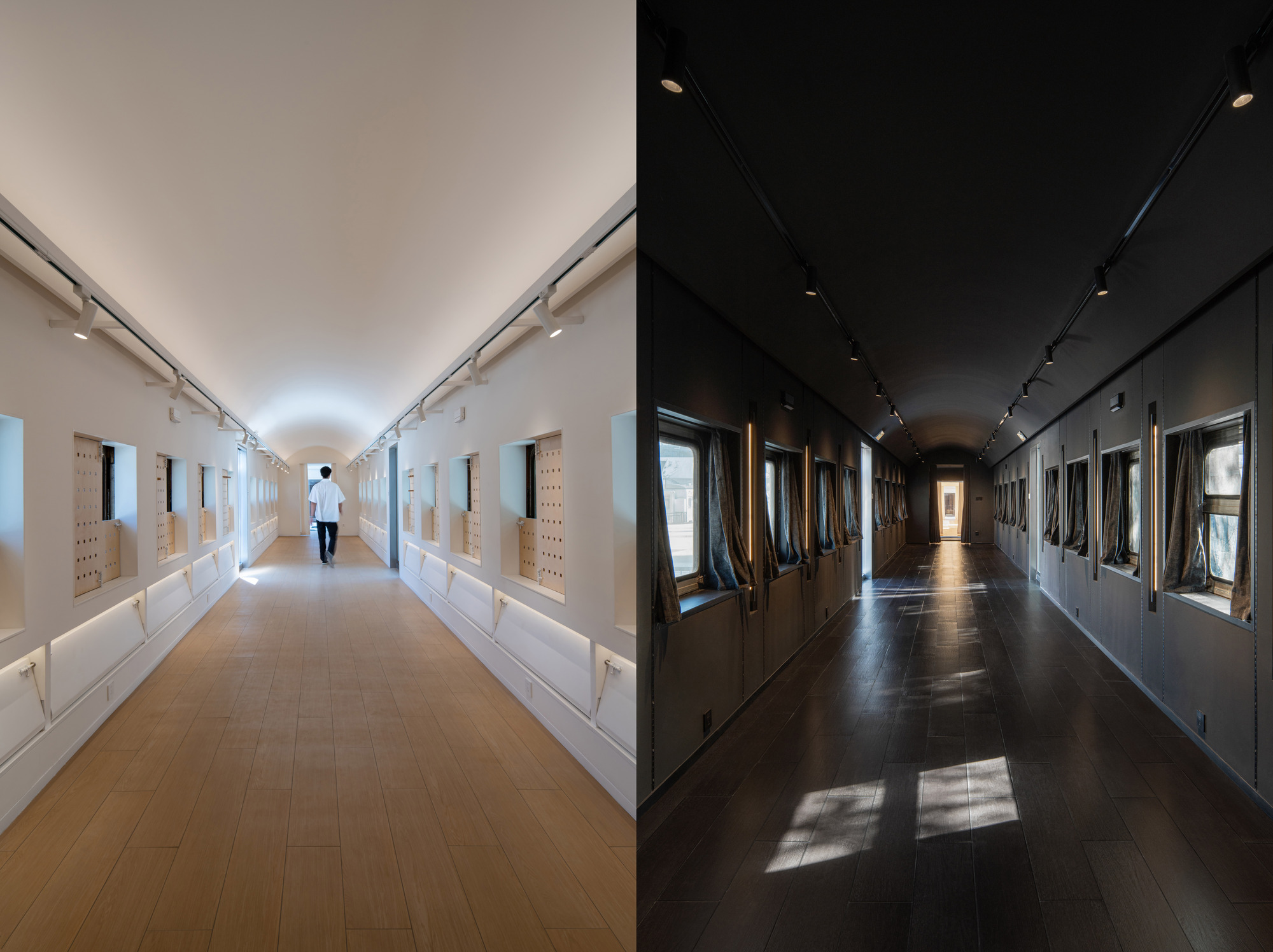 Paired views of a long carriage corridor, one pale with plywood window niches, the other dark with curtained windows and sunlight patches