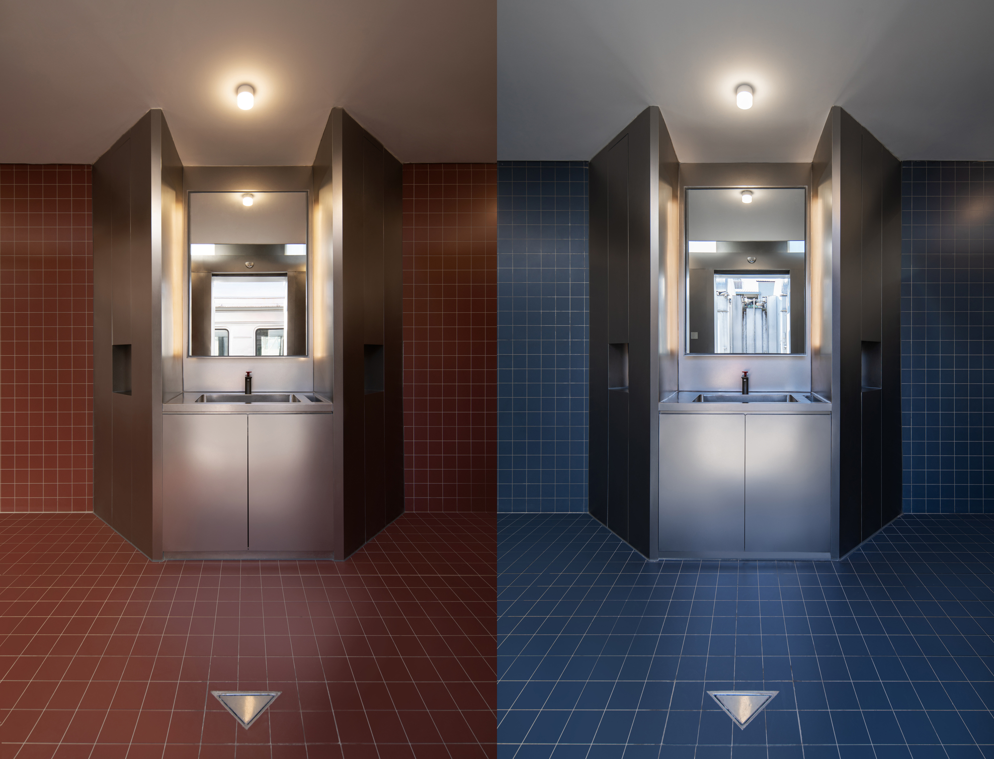 Paired views of a steel washbasin alcove with mirror, shown in red tile on the left and blue tile on the right