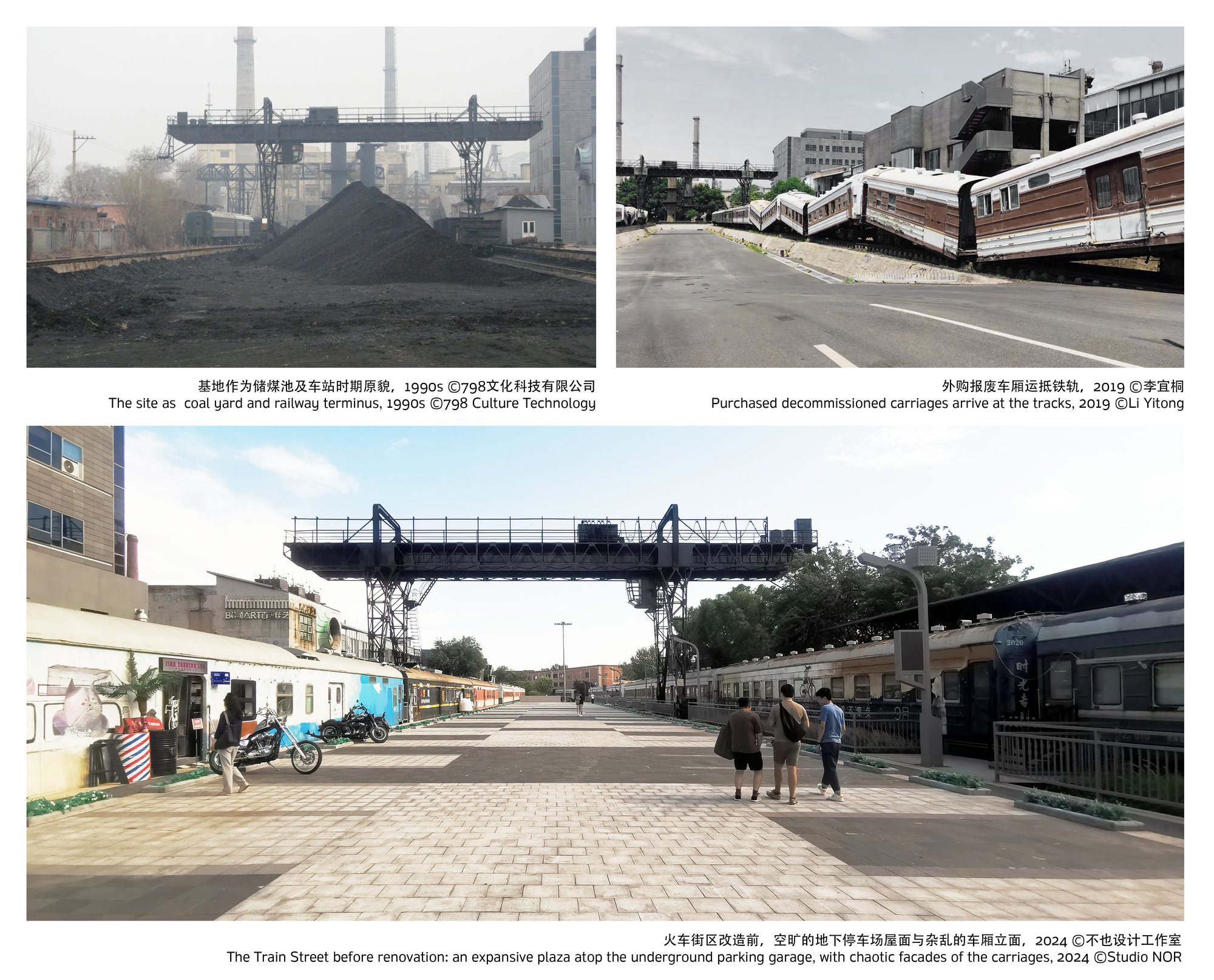 Photo collage of the site as a coal yard, carriages arriving on tracks, and the paved plaza before renovation