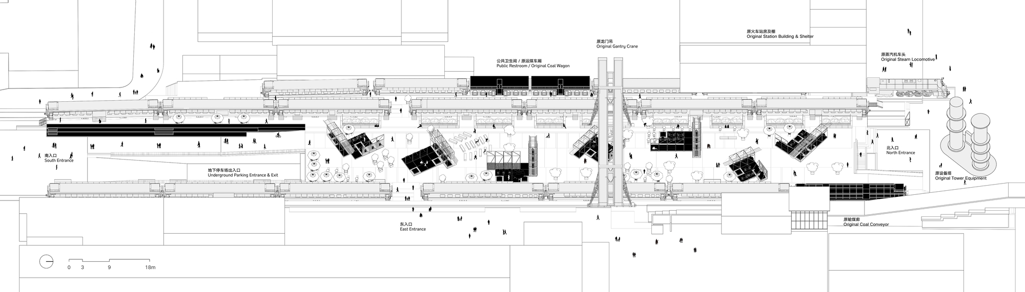 Long plan drawing of a linear street flanked by carriages, with scattered small pavilions, a central gantry crane and labeled entrances