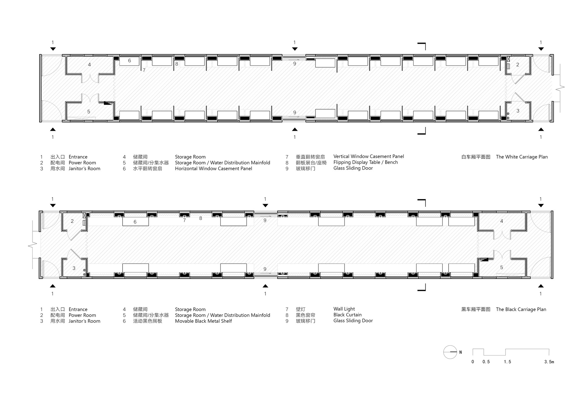 Floor plan drawing of two long rail carriages, showing entrance, storage, power and janitor rooms at the ends and glass sliding doors midway