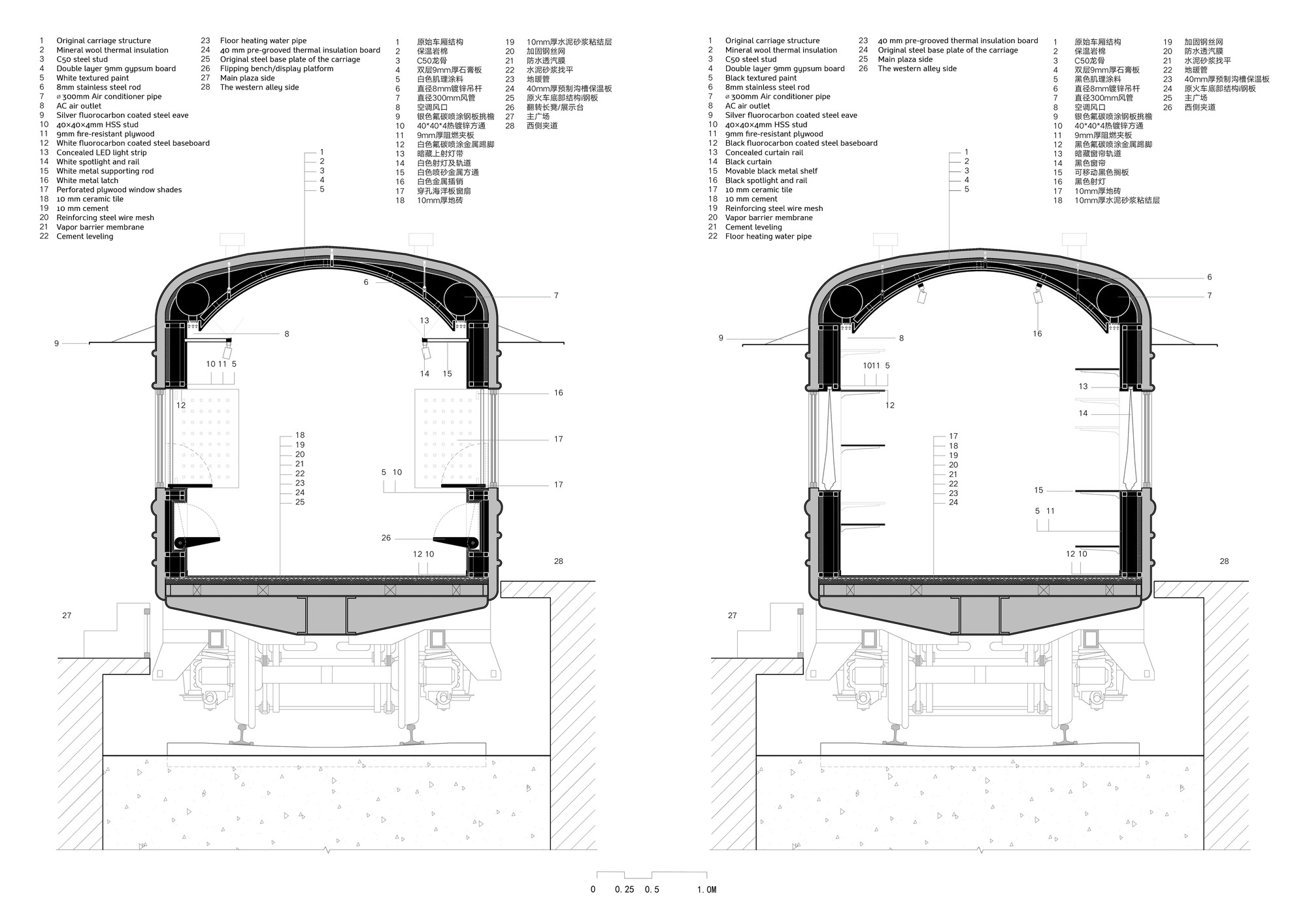 Pair of cross-section drawings of a carriage, showing insulated curved roof, wall layers, floor build-up and the original wheel bogie below