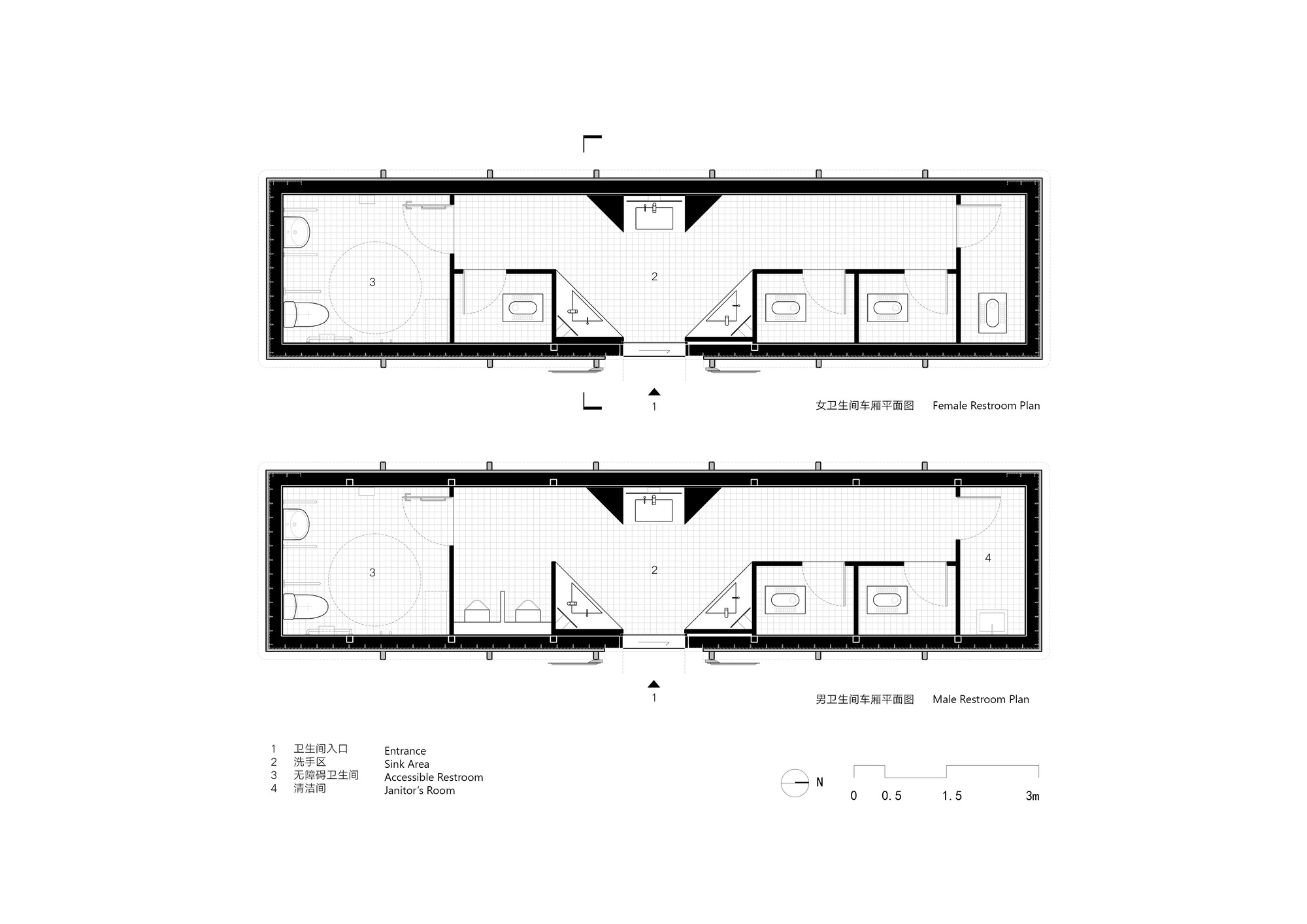 Floor plan drawing of female and male restroom carriages, showing a central sink area, toilet cubicles and an accessible restroom at one end