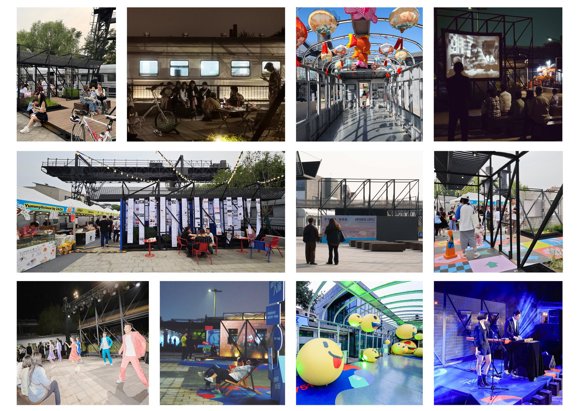 Grid of twelve event photos showing people at cafe tables, an outdoor film screening, a concert and colorful play areas around old train carriages at dusk