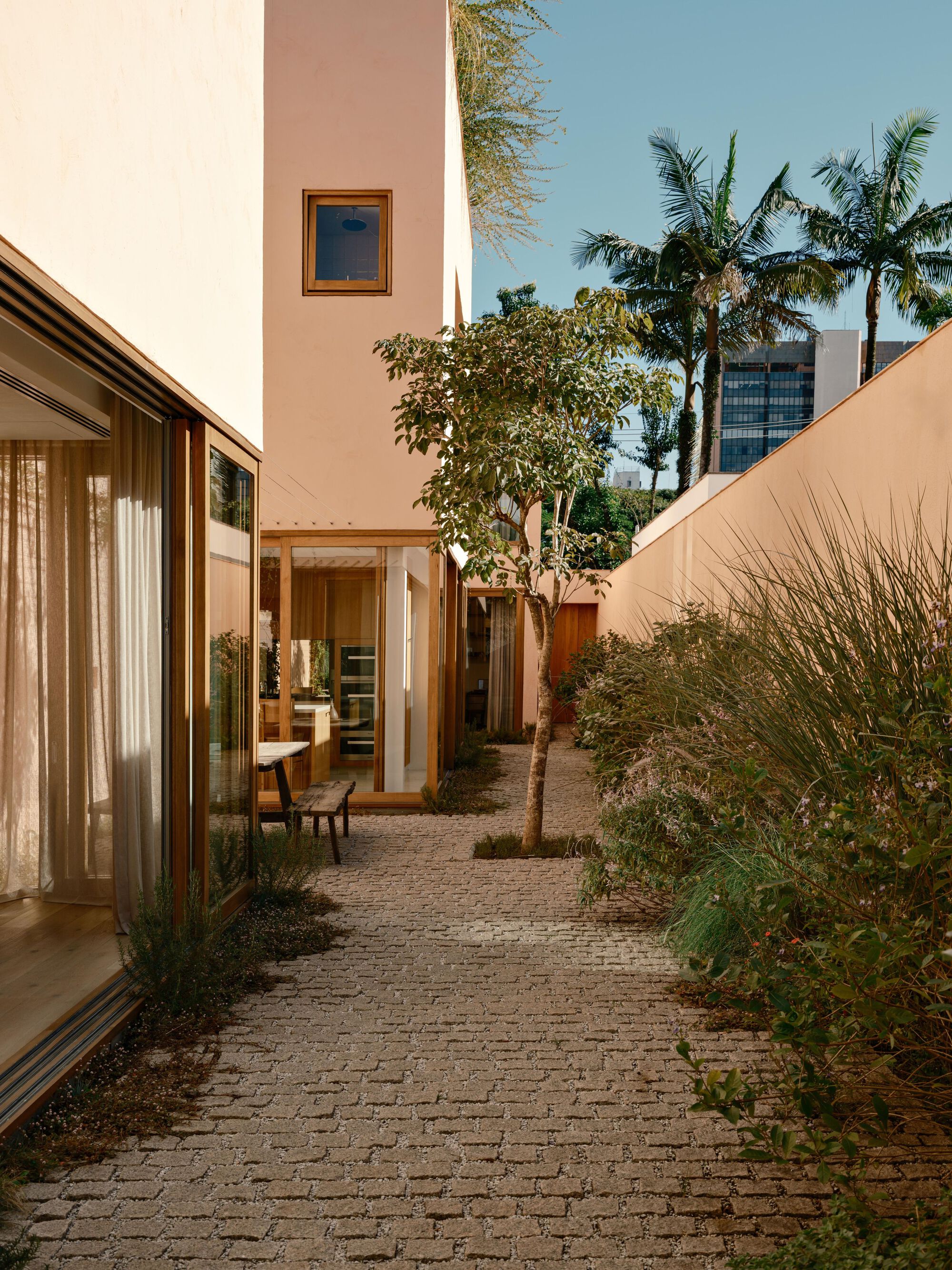 Cobbled garden path between glazed timber-framed walls and a pink plaster wall, shaded by a small tree and palms against blue sky