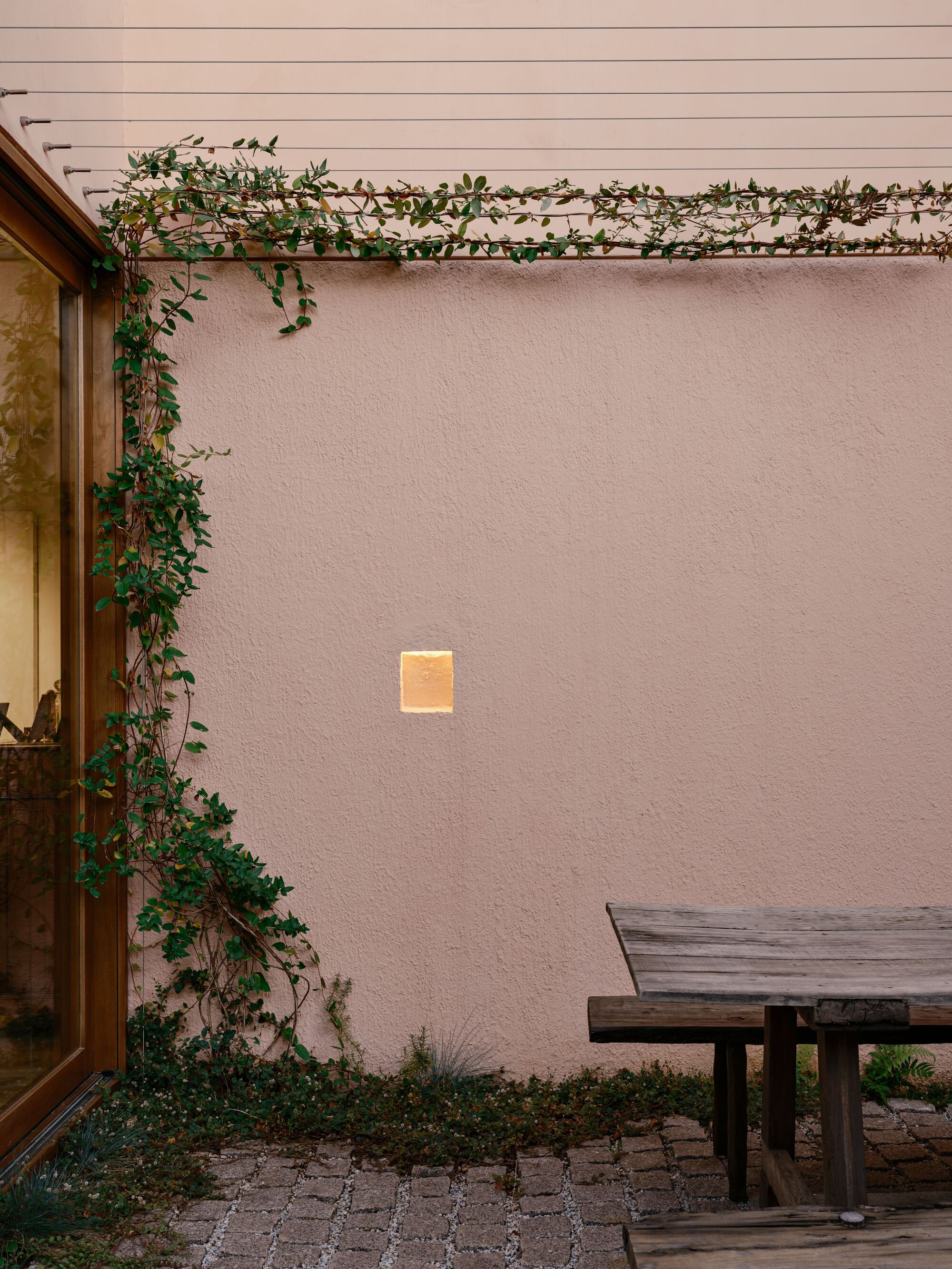Textured pink stucco wall with a small glowing square niche, a climbing vine along its top edge and a weathered bench below