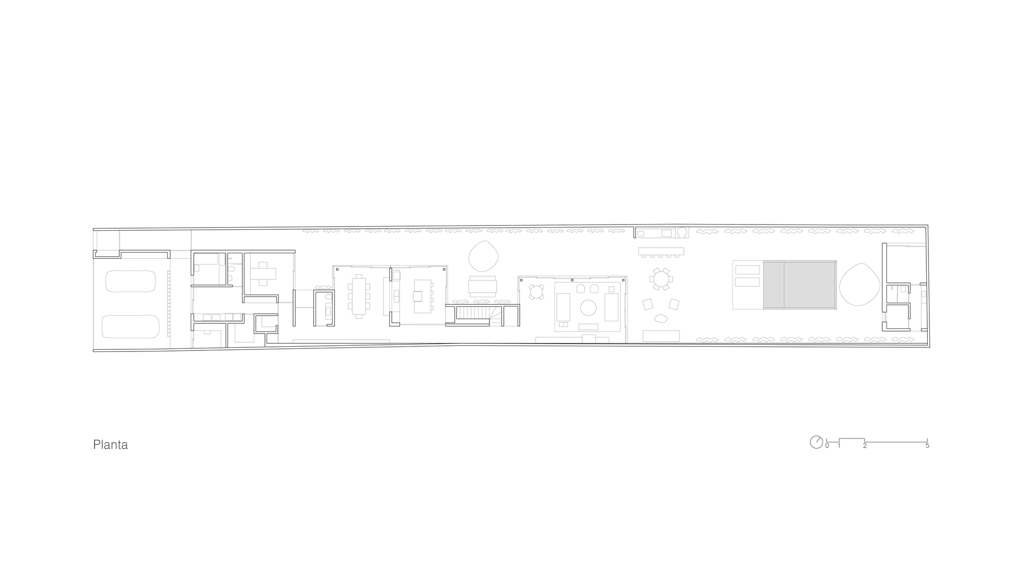 Floor plan drawing of a long narrow house, with rooms, furniture and a courtyard arranged in sequence from a garage at left
