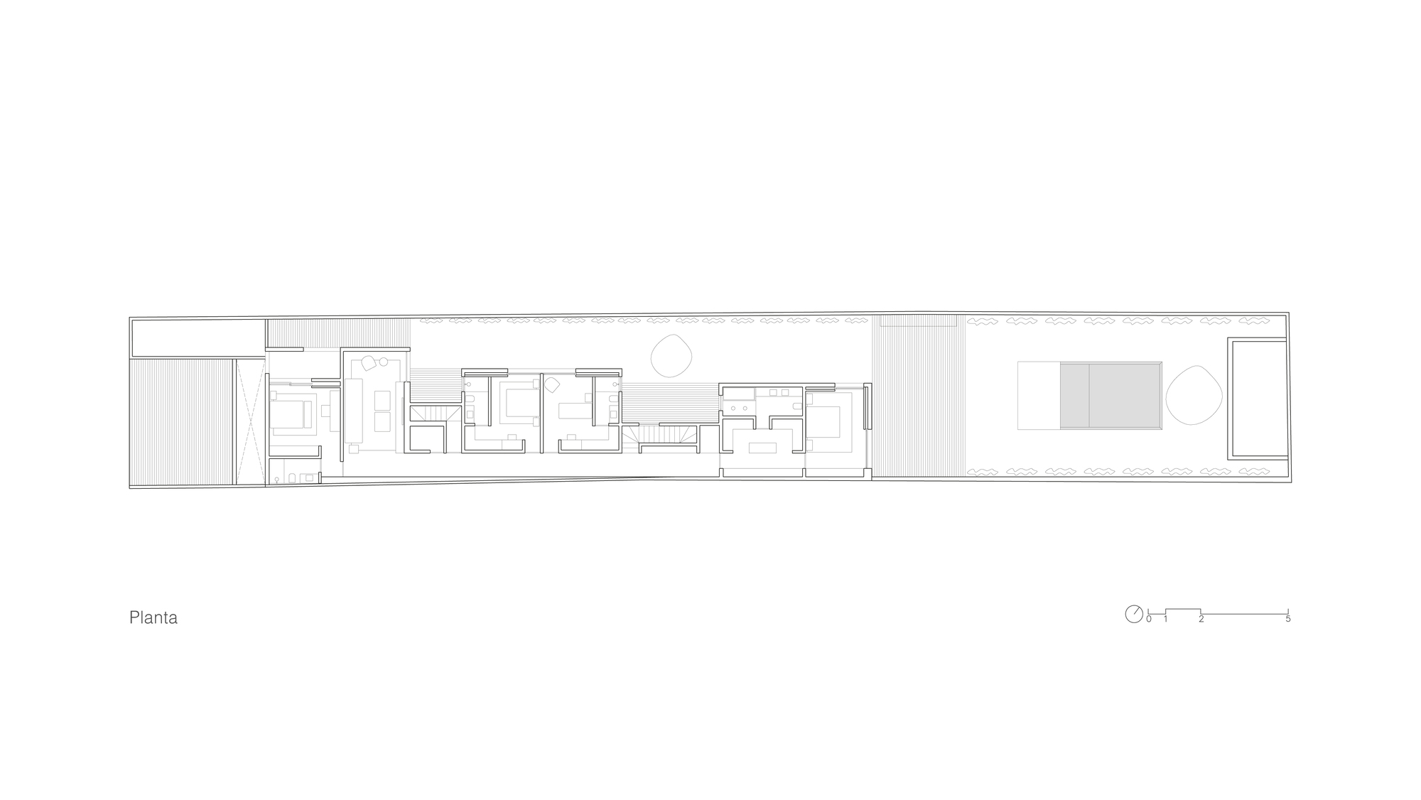 Floor plan drawing of a long narrow lot with rooms, courtyards and a pool arranged in sequence along its length
