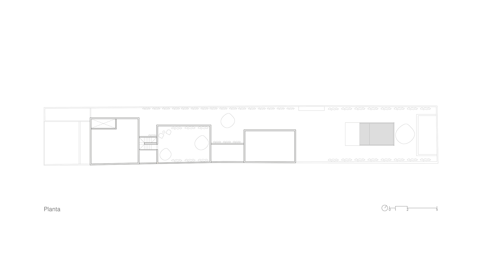 Upper floor plan drawing showing three separate boxy volumes and a stair set within the faint outline of the narrow lot