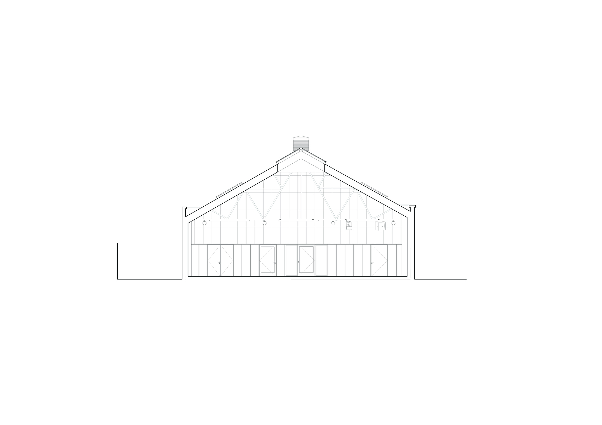 Cross-section drawing of the gabled hall showing roof trusses, rooflights and a lower wall of paneled doors