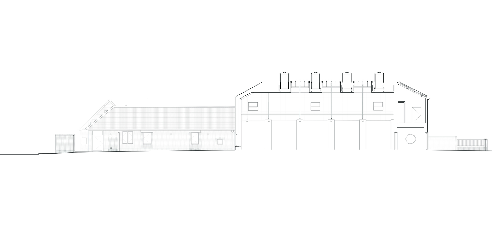 Long section drawing showing a low pitched-roof wing beside a taller hall with four roof ventilation stacks above rows of tall bays