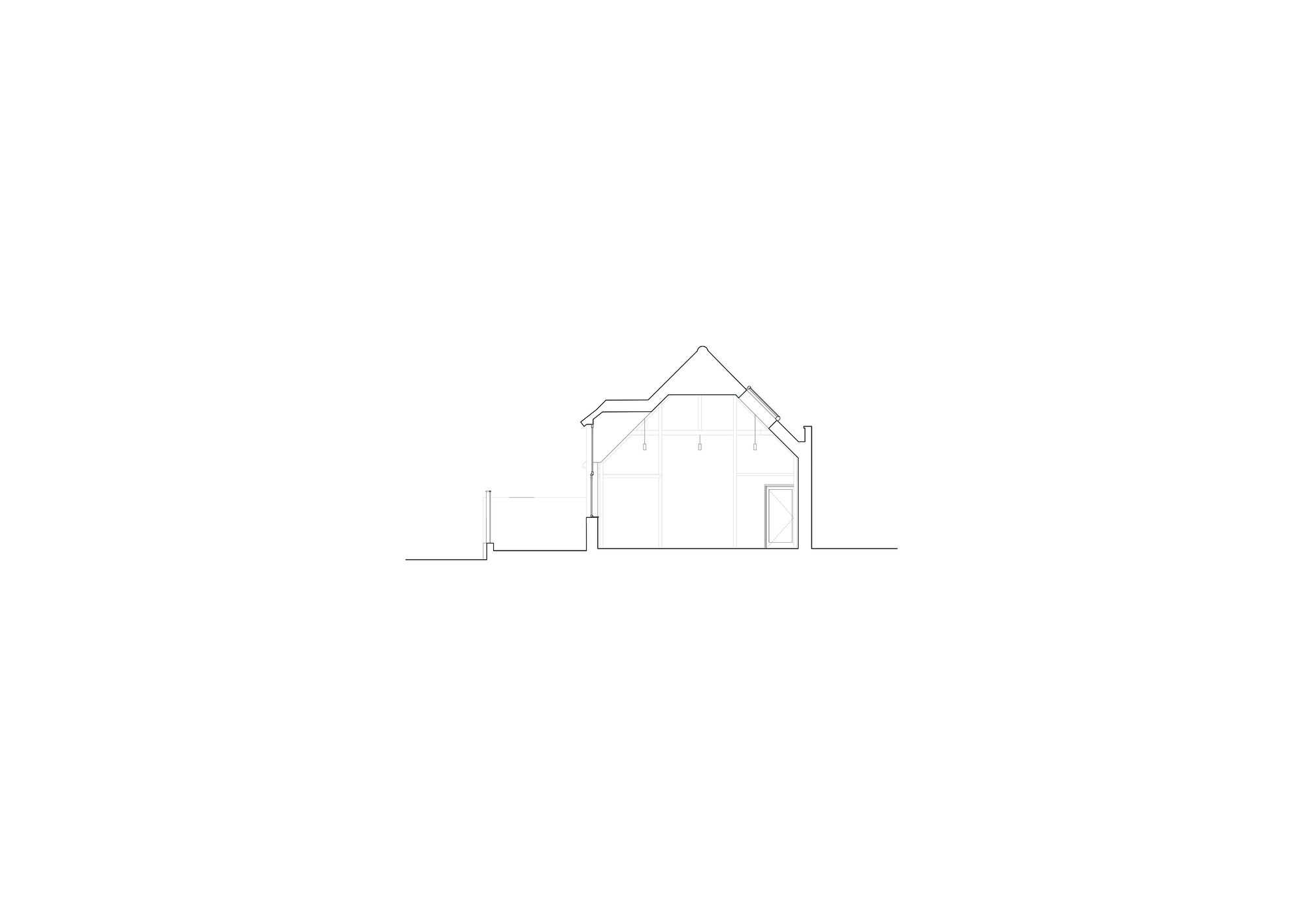 Cross section drawing of a gabled volume with a pitched roof, a rooflight on the slope and a boundary wall at the right
