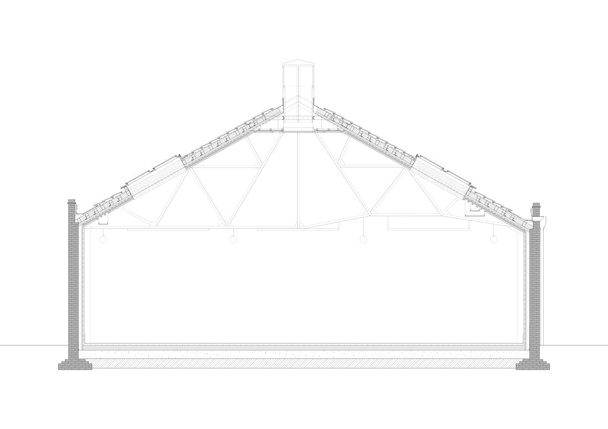 Detailed cross section drawing of a brick-walled hall with a triangulated timber roof truss, tiled slopes and a central ridge vent